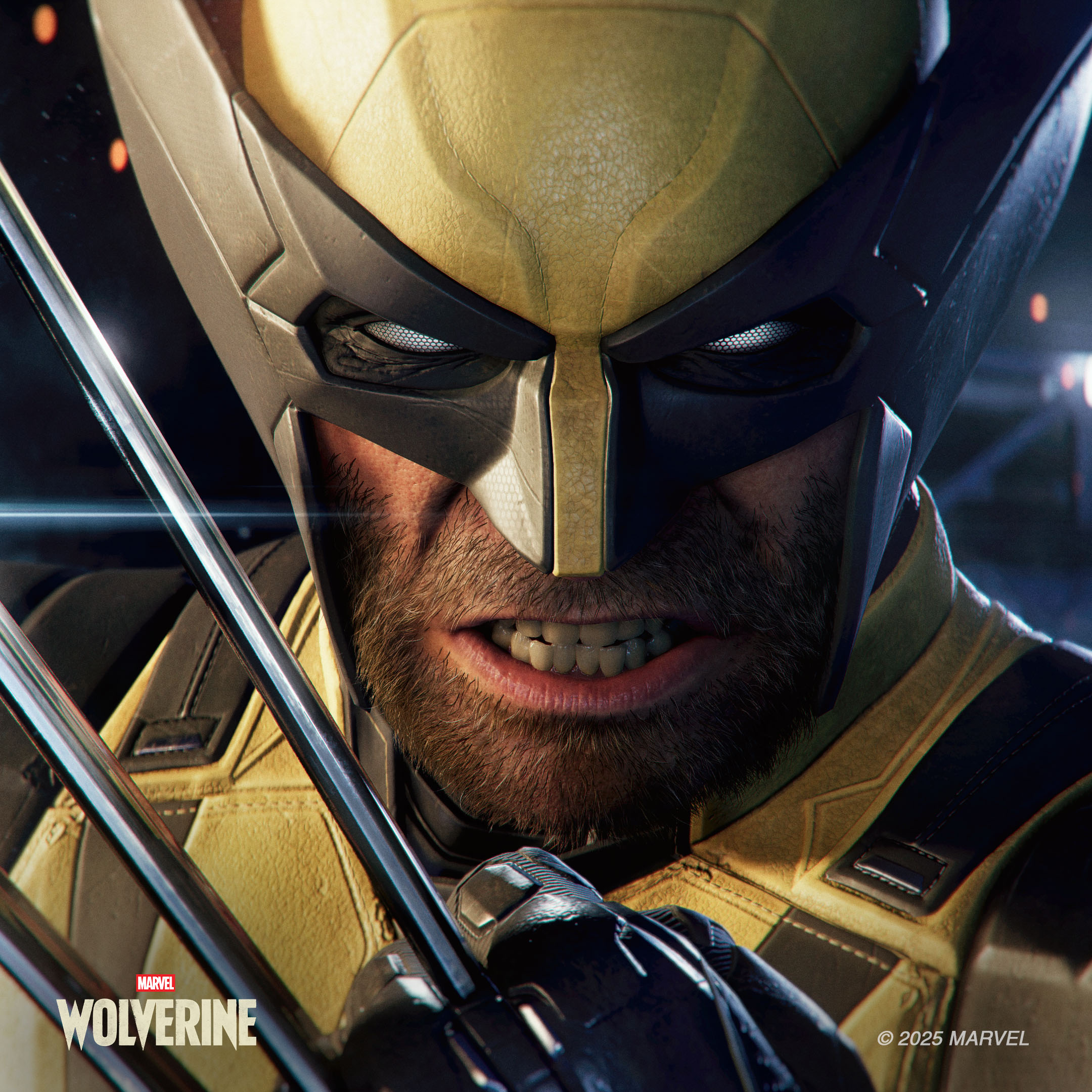 Zbliżenie Wolverine'a w żółto-niebieskim stroju z wysuniętymi metalowymi pazurami.