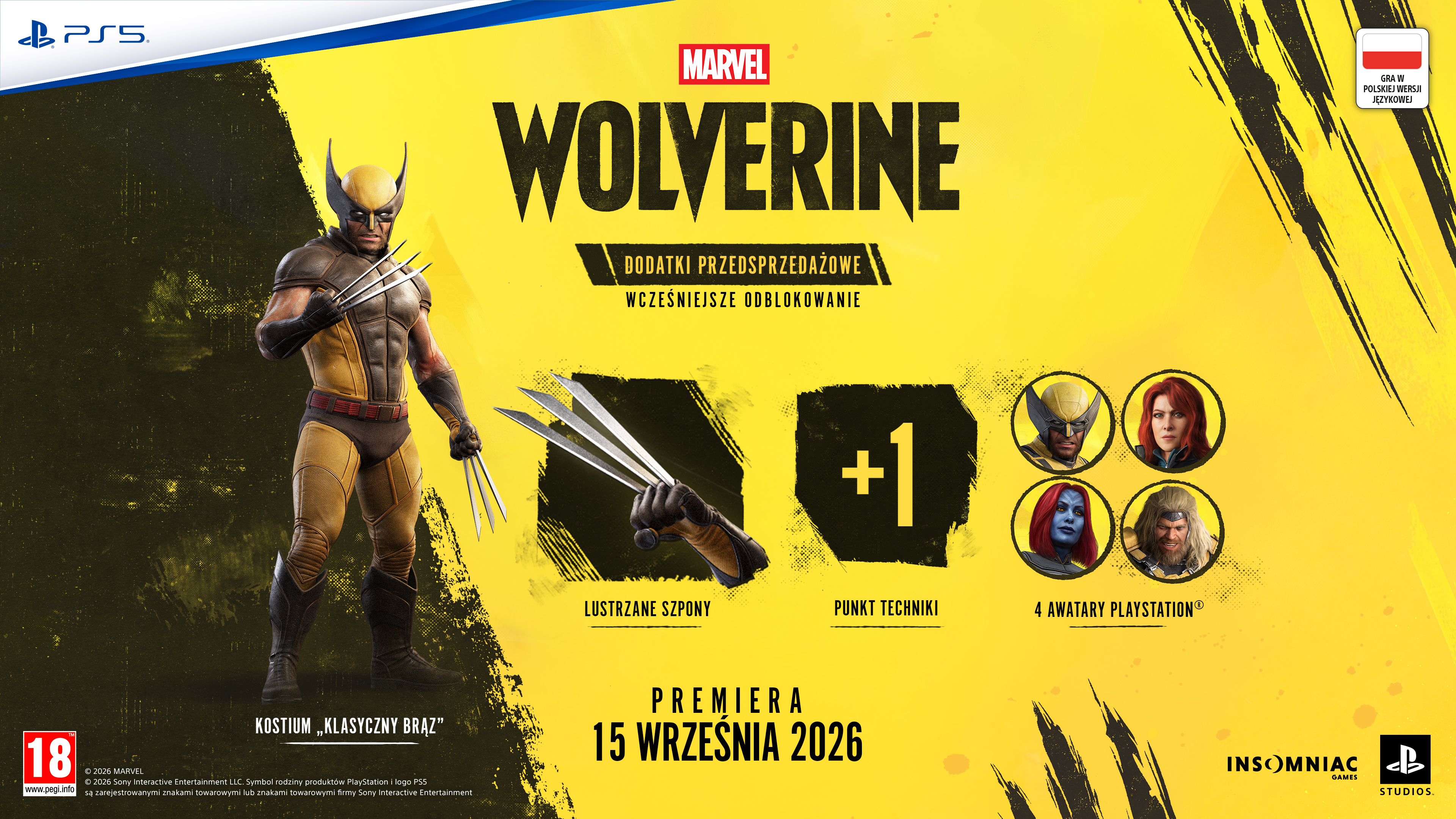 Zapowiedź gry Marvel Wolverine z grafikami postaci i logo PS5.