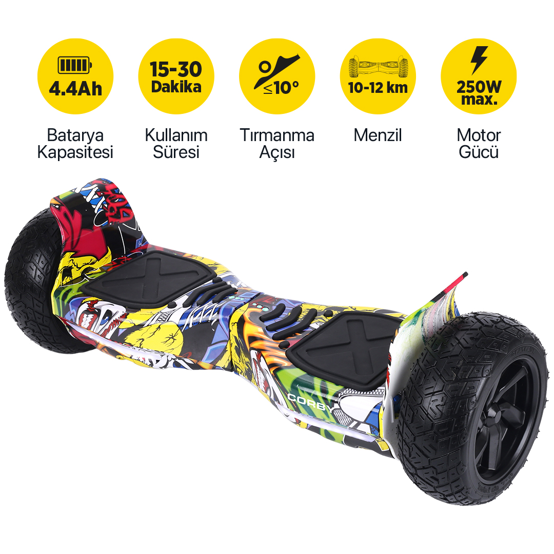 Renkli hoverboard özellikleriyle: 4,4Ah, 15-30 dk, ≤10°, 10-12 km, 250W.