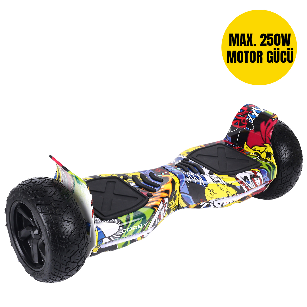 Çizgi roman baskılı renkli hoverboard ve üzerinde metin olan sarı daire.