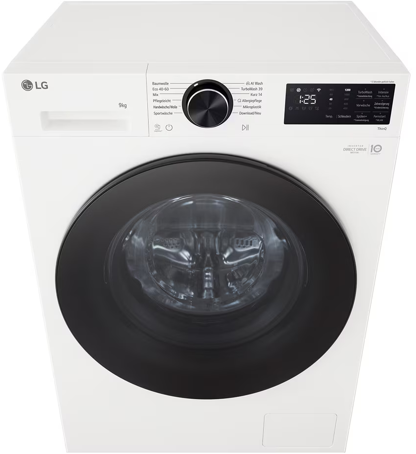 Vorderansicht einer weißen LG-Waschmaschine mit schwarzer Tür und Digitalanzeige.