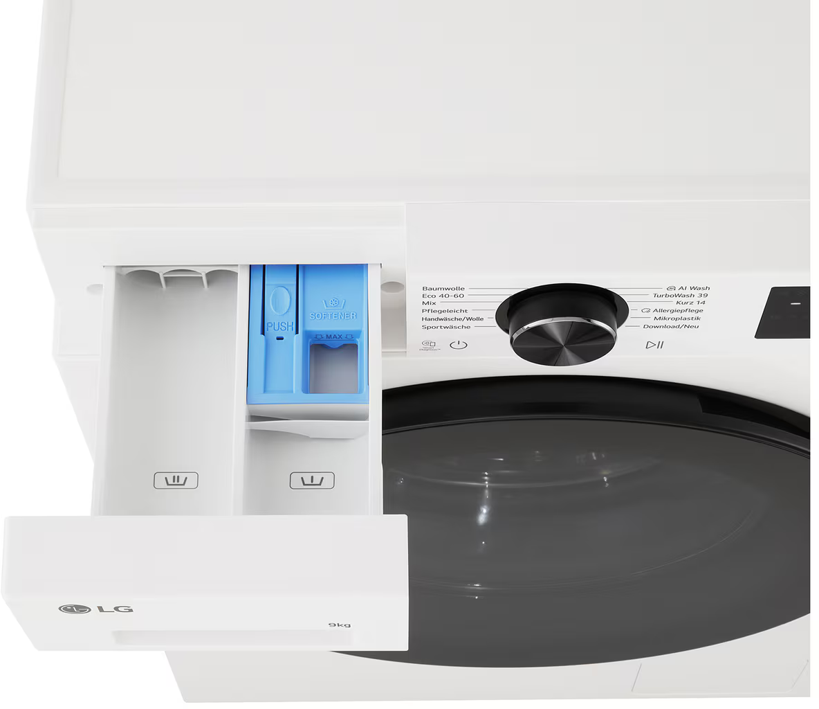 Weiße Waschmaschine mit herausgezogener Schublade für Waschmittel. Mit Drehknopf und Programmübersicht.