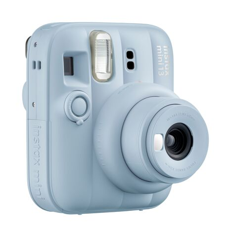 Jasnoniebieski aparat natychmiastowy Instax Mini 13 z obiektywem i lampą.