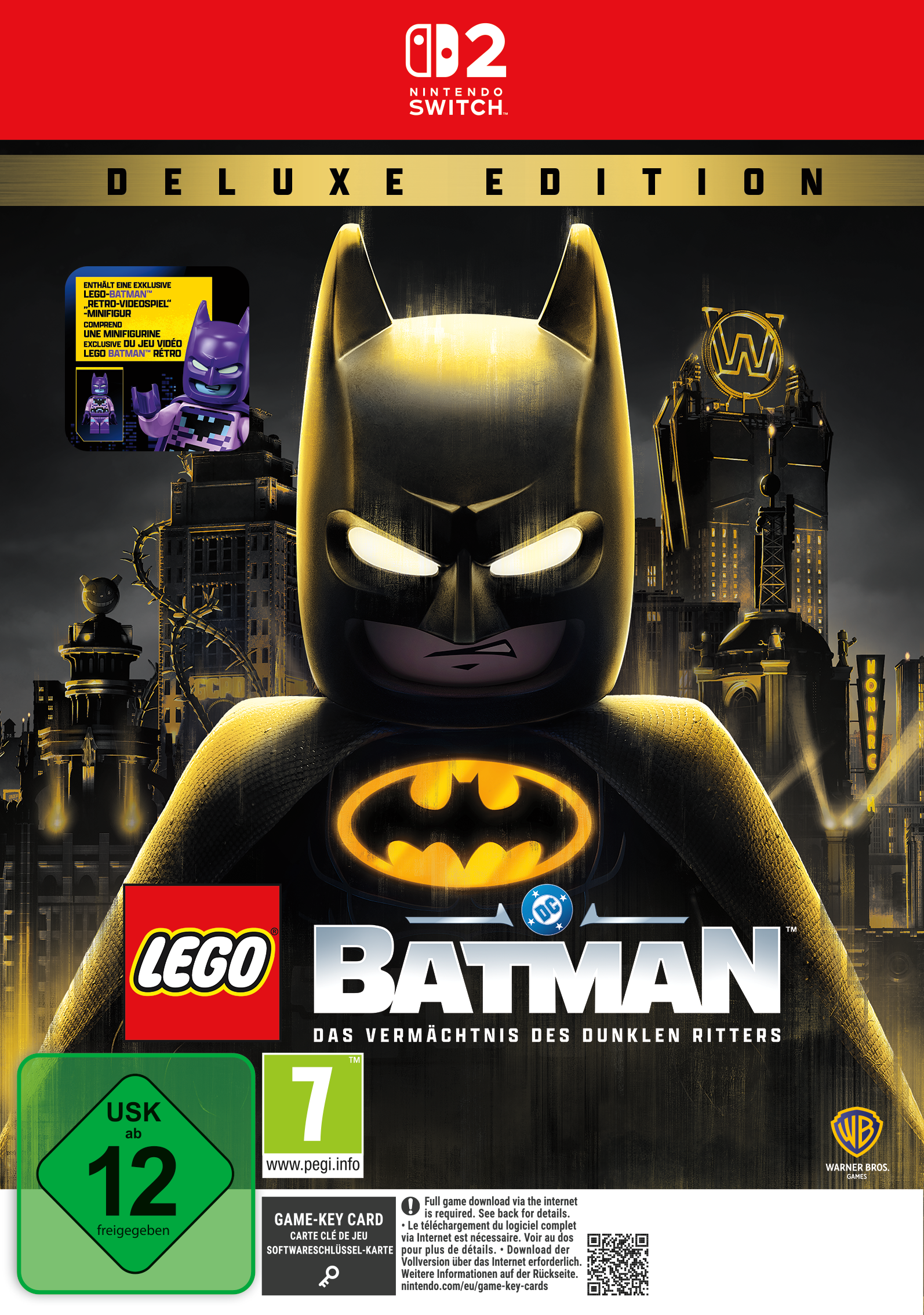 LEGO Batman Deluxe Edition für Nintendo Switch mit Batman-Figur und Stadtsilhouette.