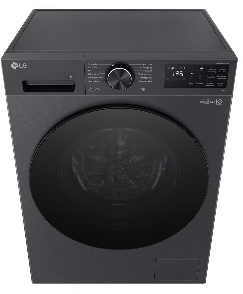 Dunkelgraue LG Waschmaschine mit großem Bullauge und digitalem Bedienfeld.