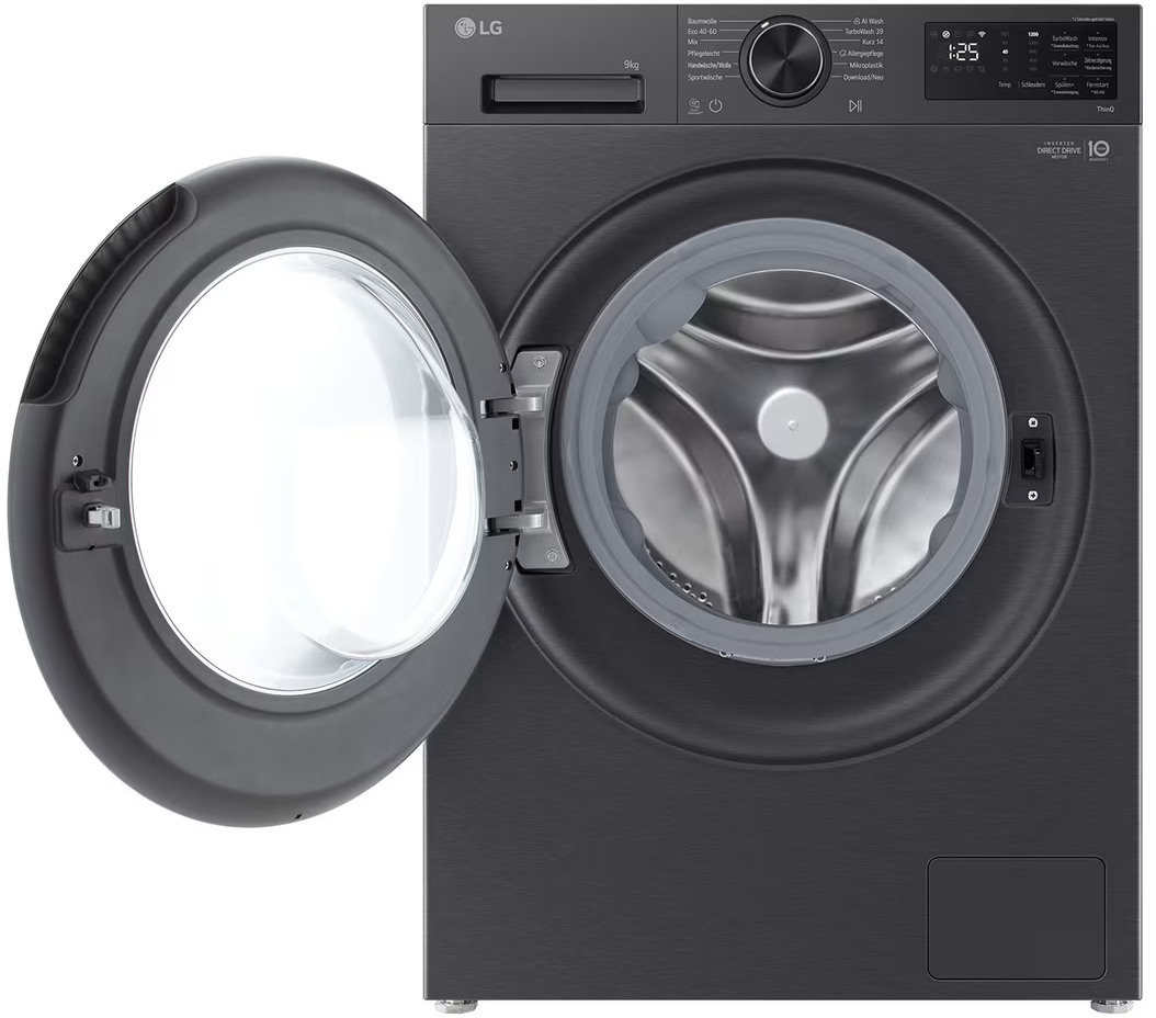 Eine dunkle LG Waschmaschine mit geöffneter Tür und sichtbarer Trommel.