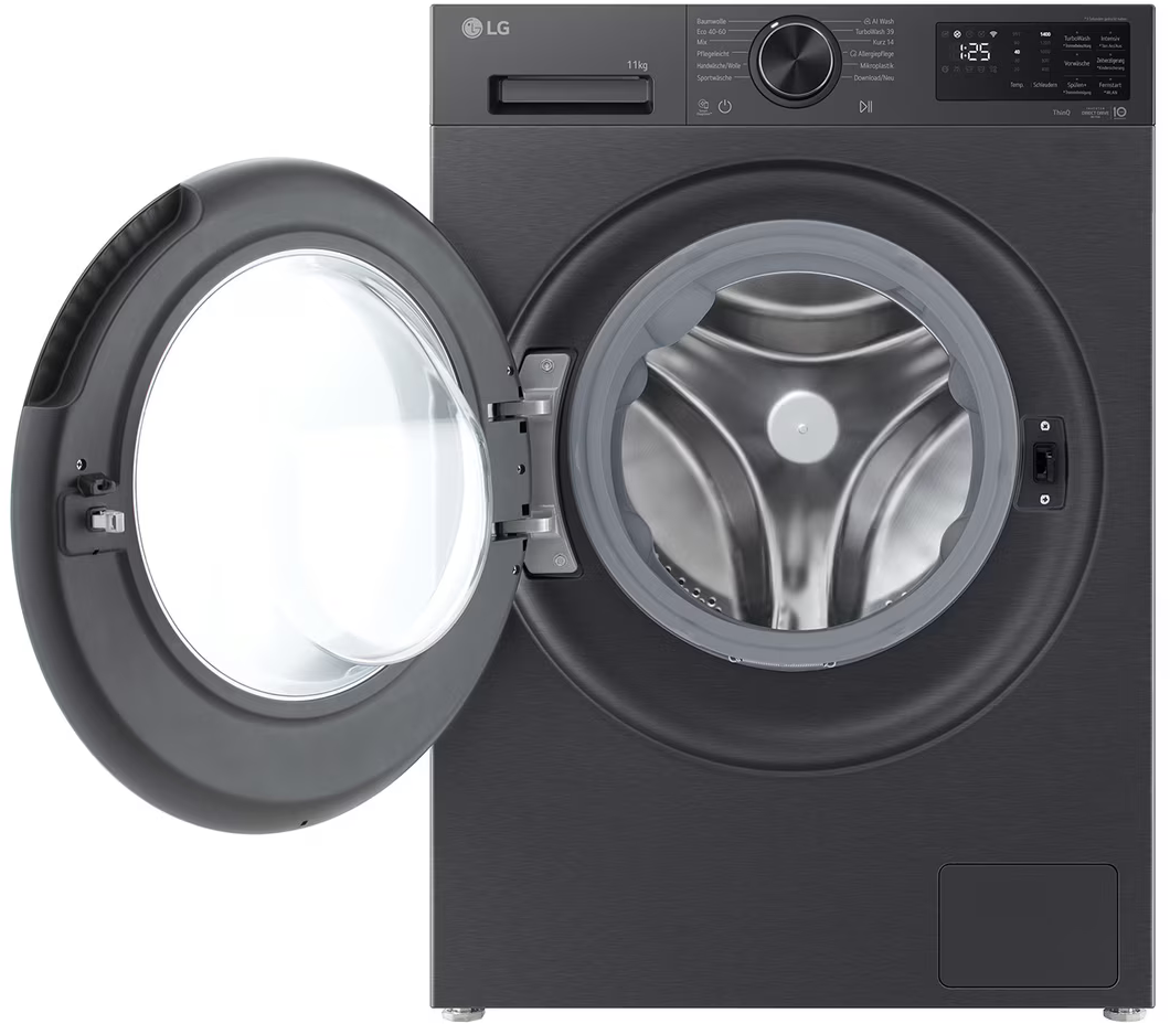 Schwarze LG Waschmaschine mit geöffneter Tür und Blick in die Trommel.