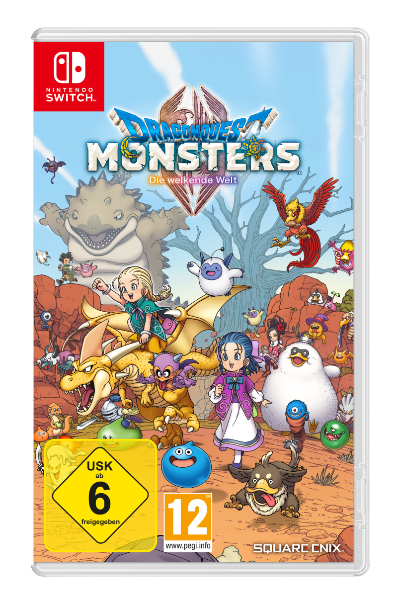Dragon Quest Monsters: Die welkende Welt Switch Spielhülle mit Charakteren, Monstern und Logos.
