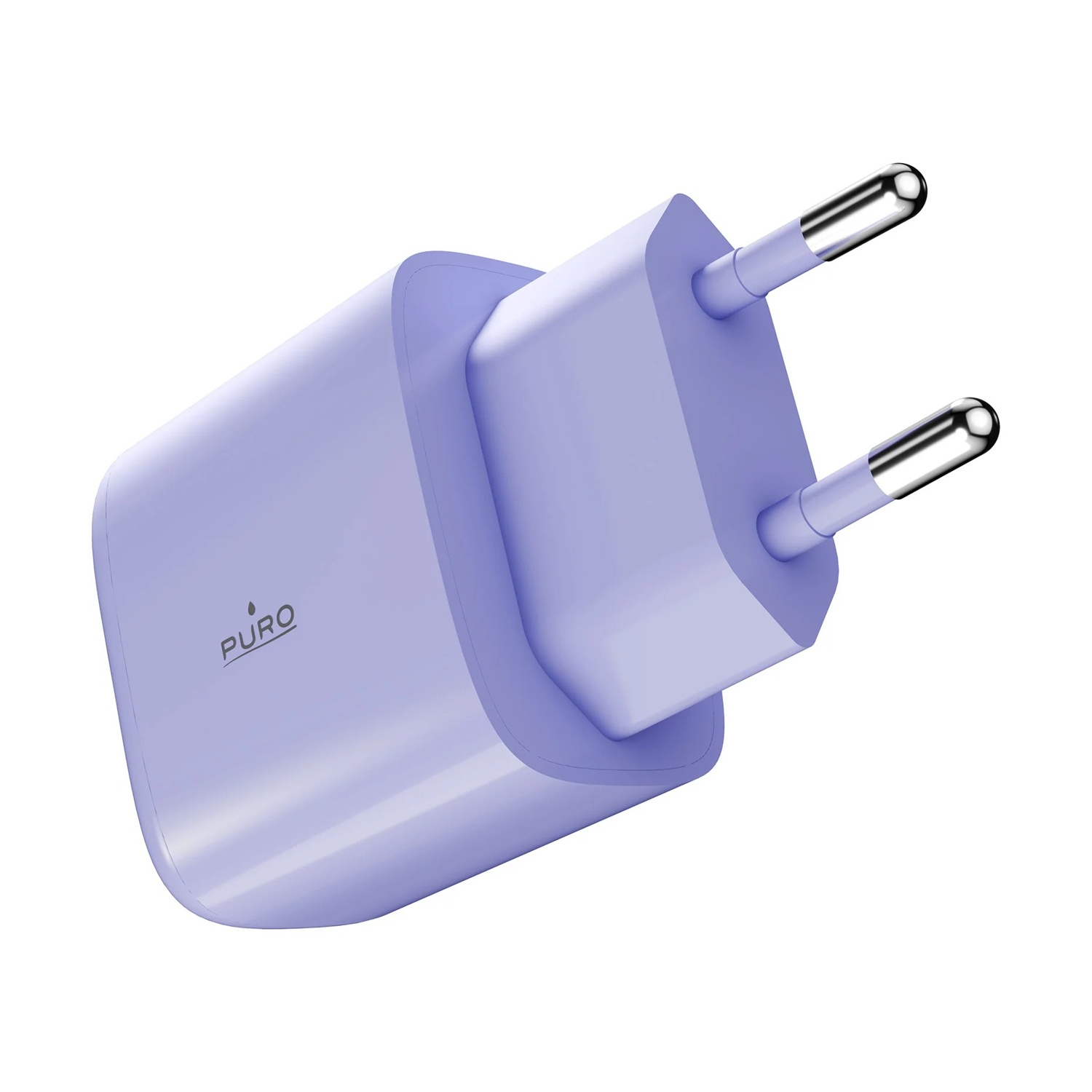 Un adattatore di corrente viola con due pin argentati e il logo PURO.