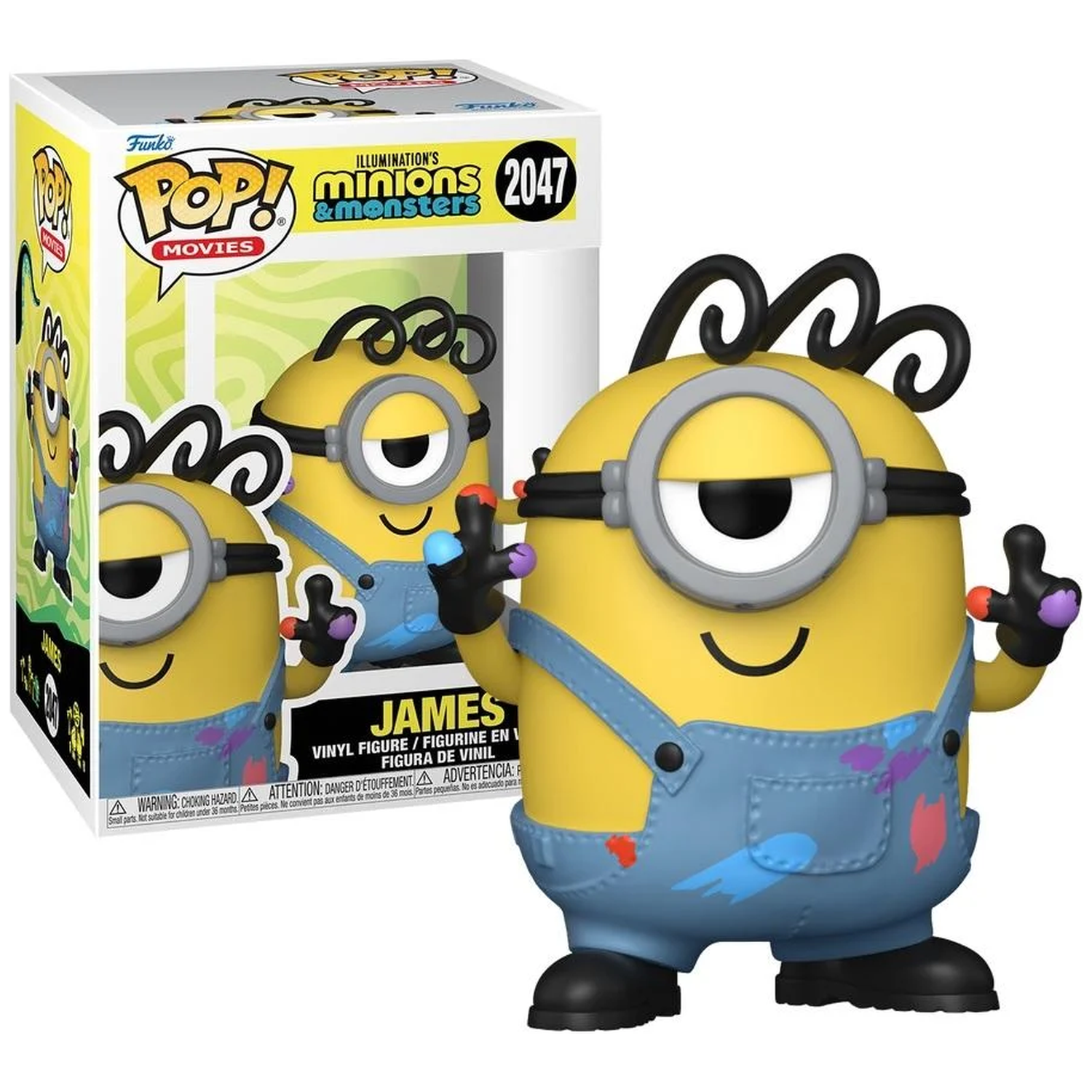 A yellow Minion with overalls, splattered with paint, next to its box.