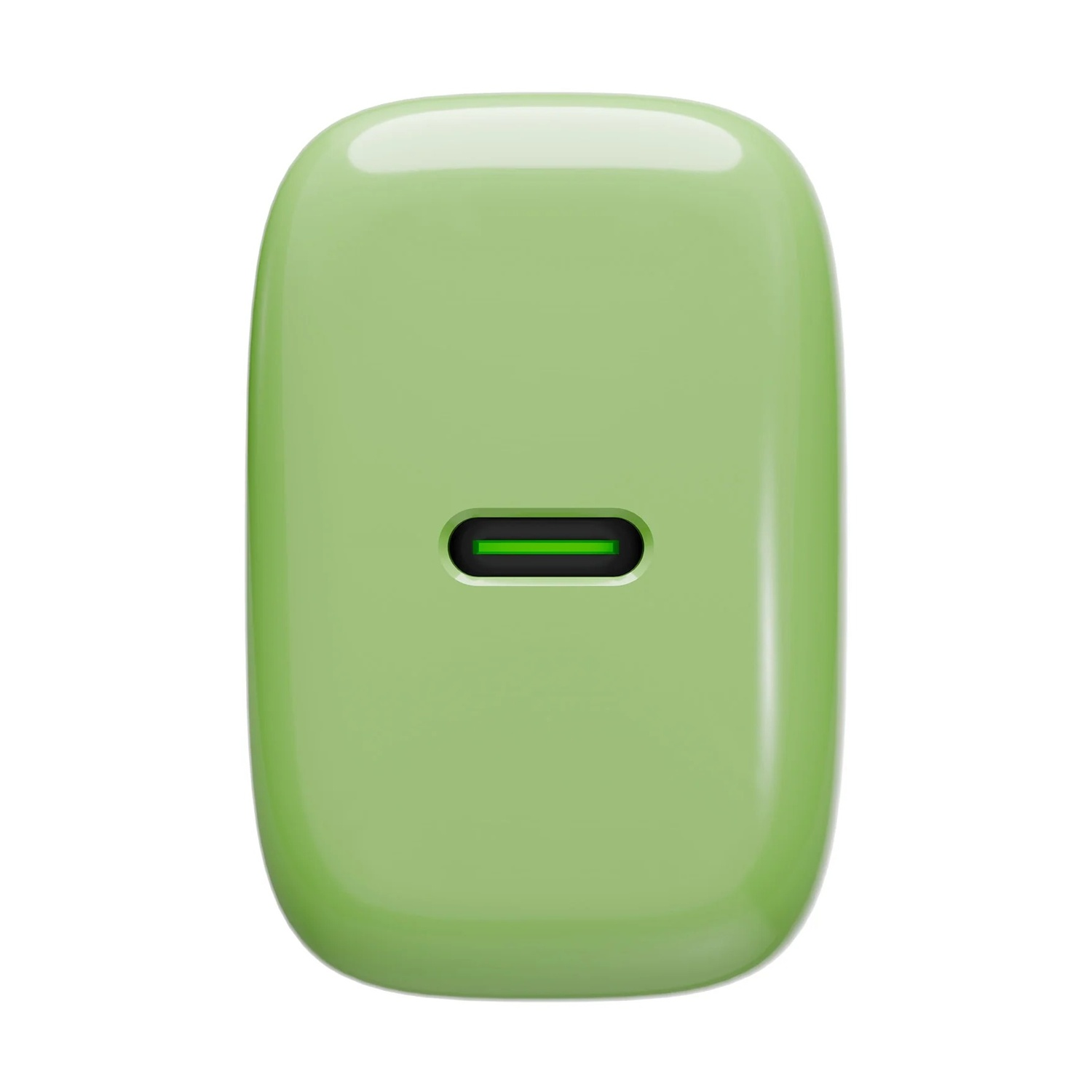 Un caricabatterie verde con una barra indicatore di carica verde.