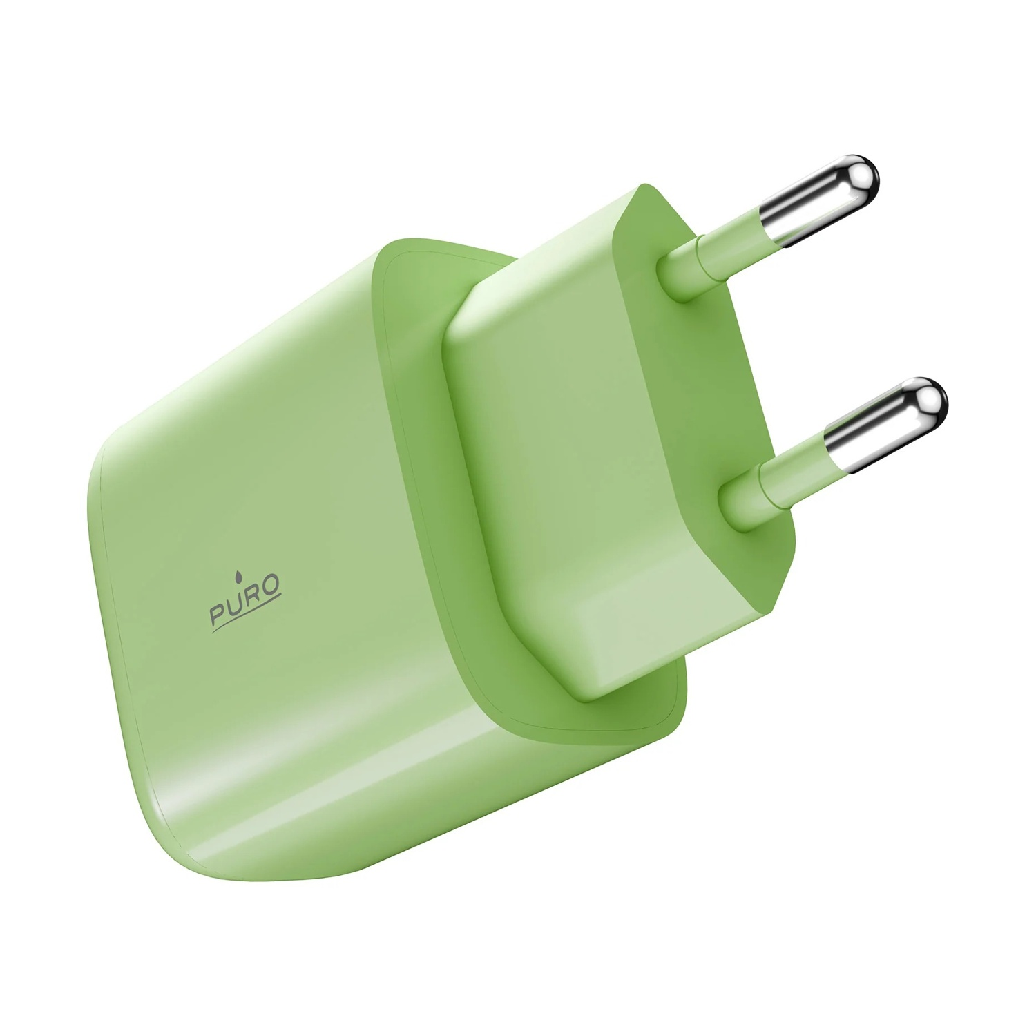 Un alimentatore verde chiaro con due pin argentati e il logo PURO.