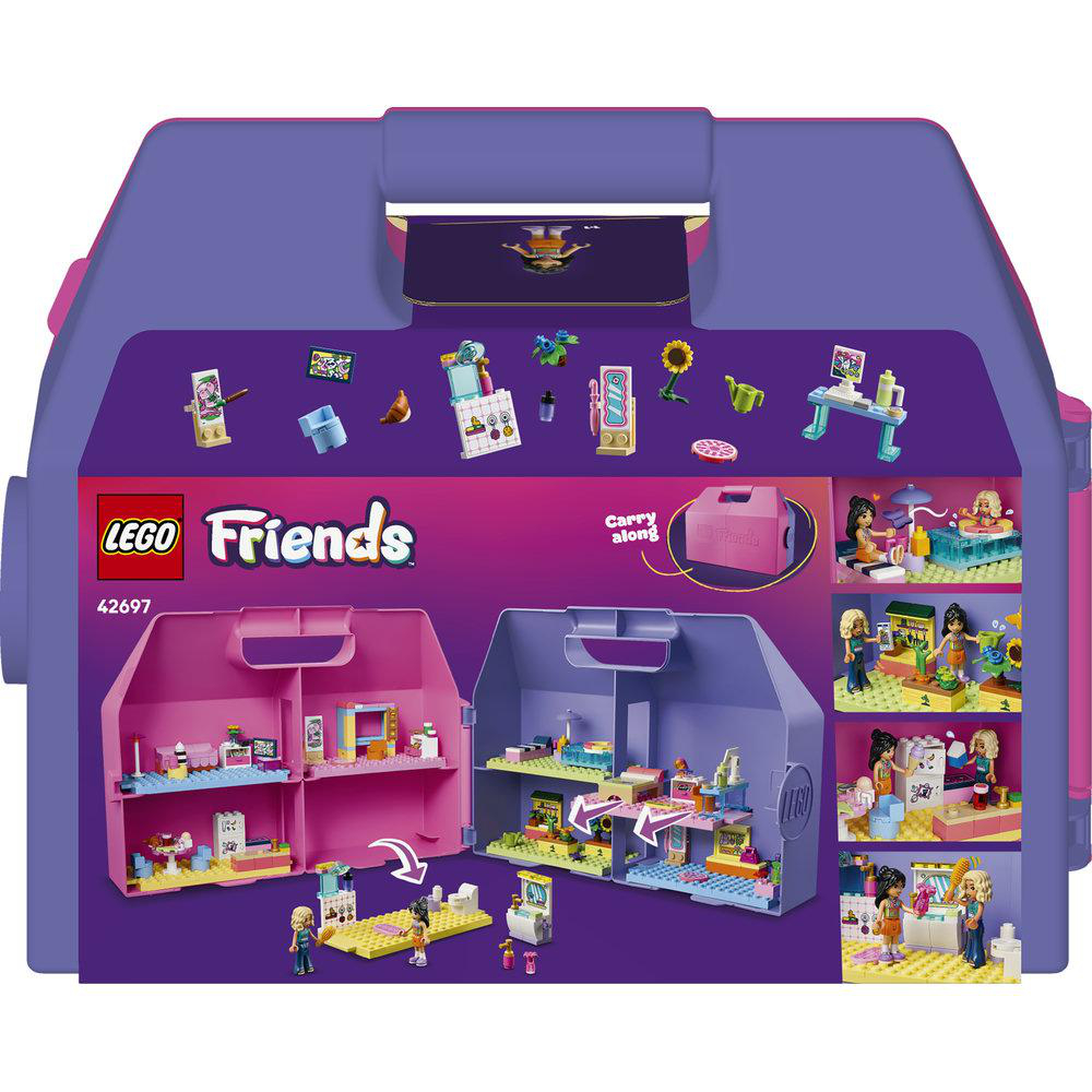 Lego Friends Tragetasche mit Spielfiguren und Zubehör in Lila und Rosa.