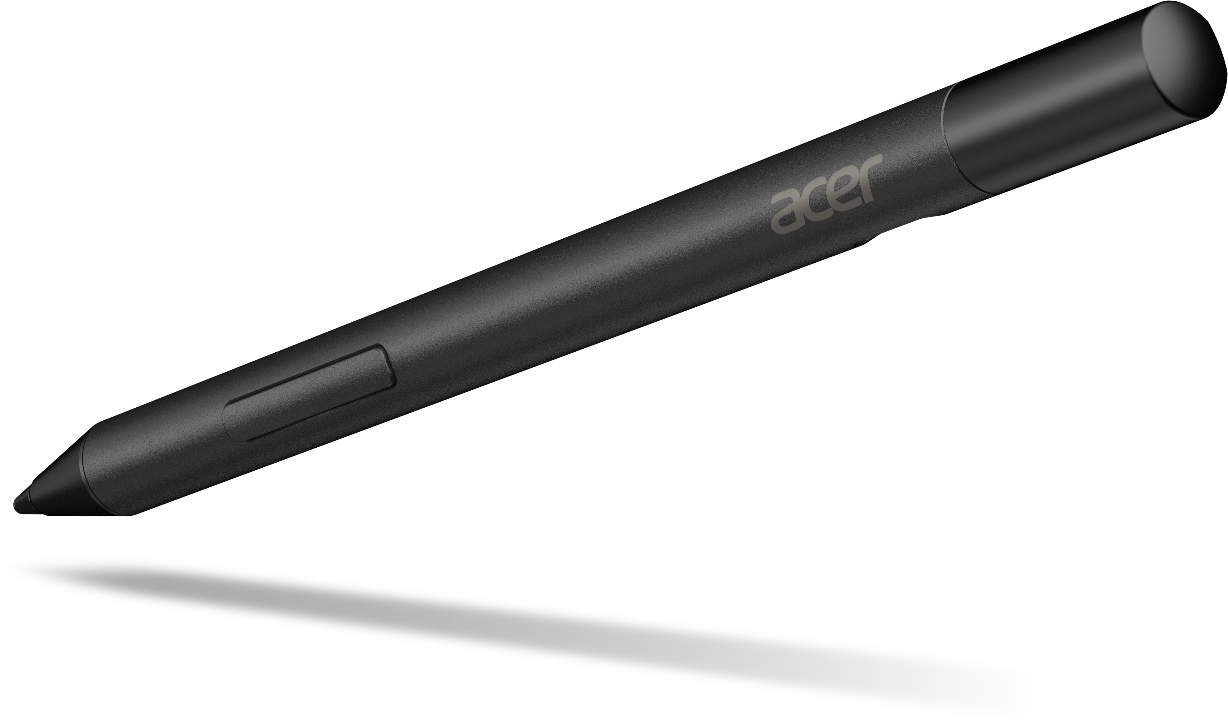 Ein schwarzer Acer Eingabestift mit einem Knopf, auf schwarzem Hintergrund.