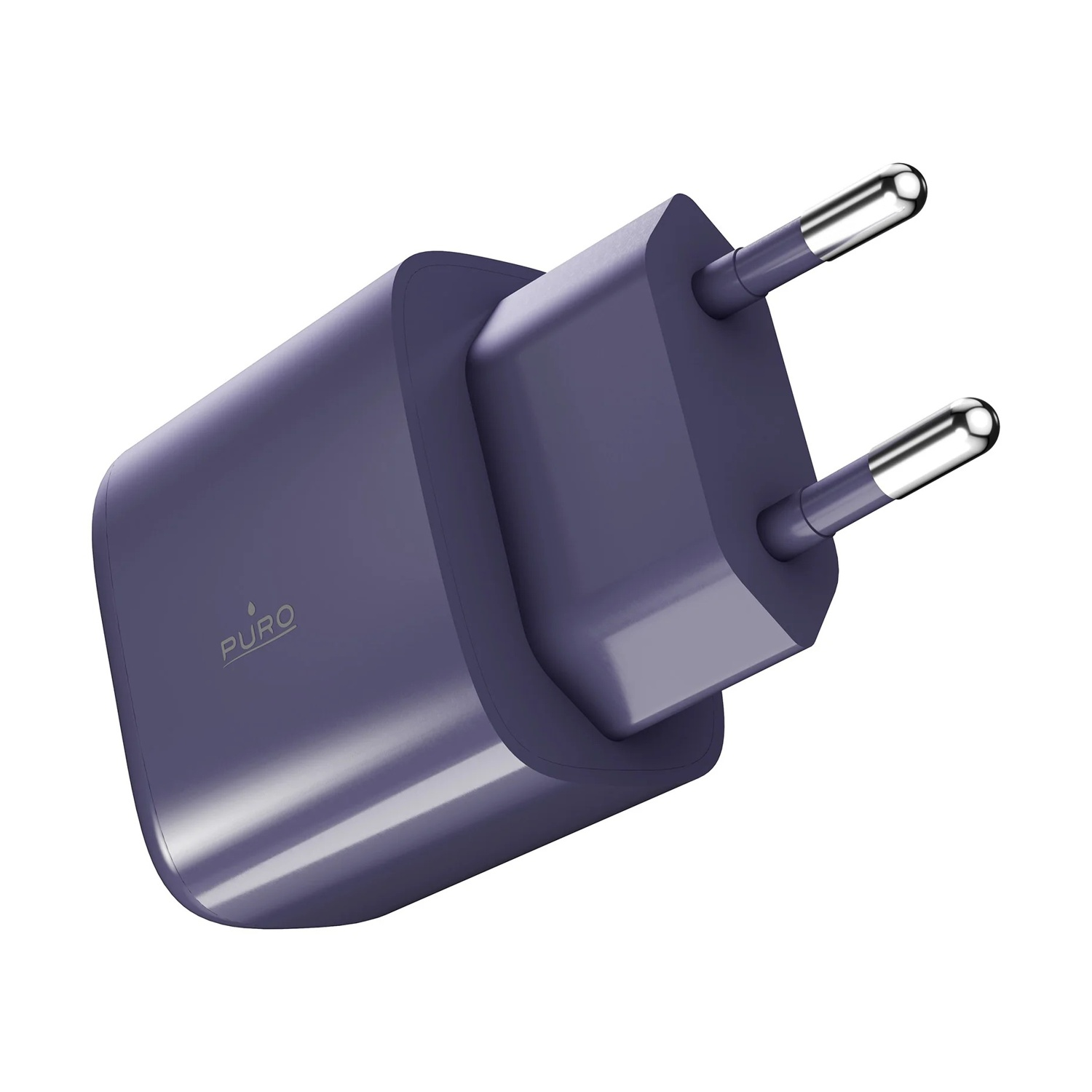 Una spina viola con due pin argentati, isolata su sfondo bianco.