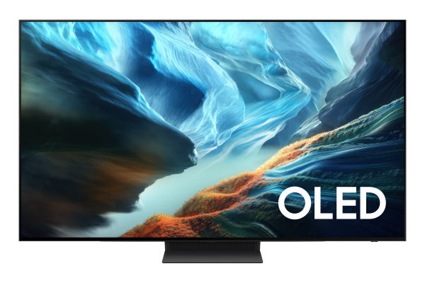 Soyut mavi ve turuncu manzara grafikleri gösteren modern bir OLED TV.