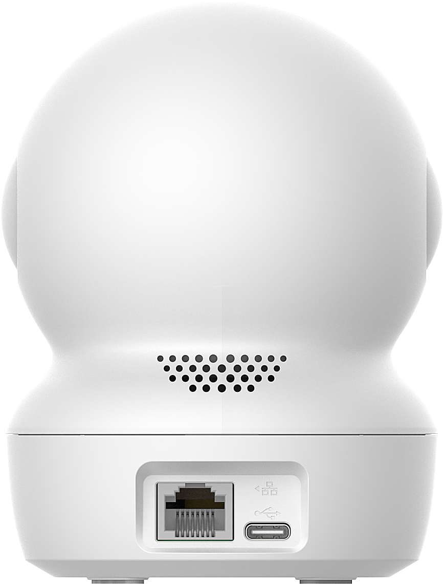 Fehér biztonsági kamera Ethernet és USB-C porttal.