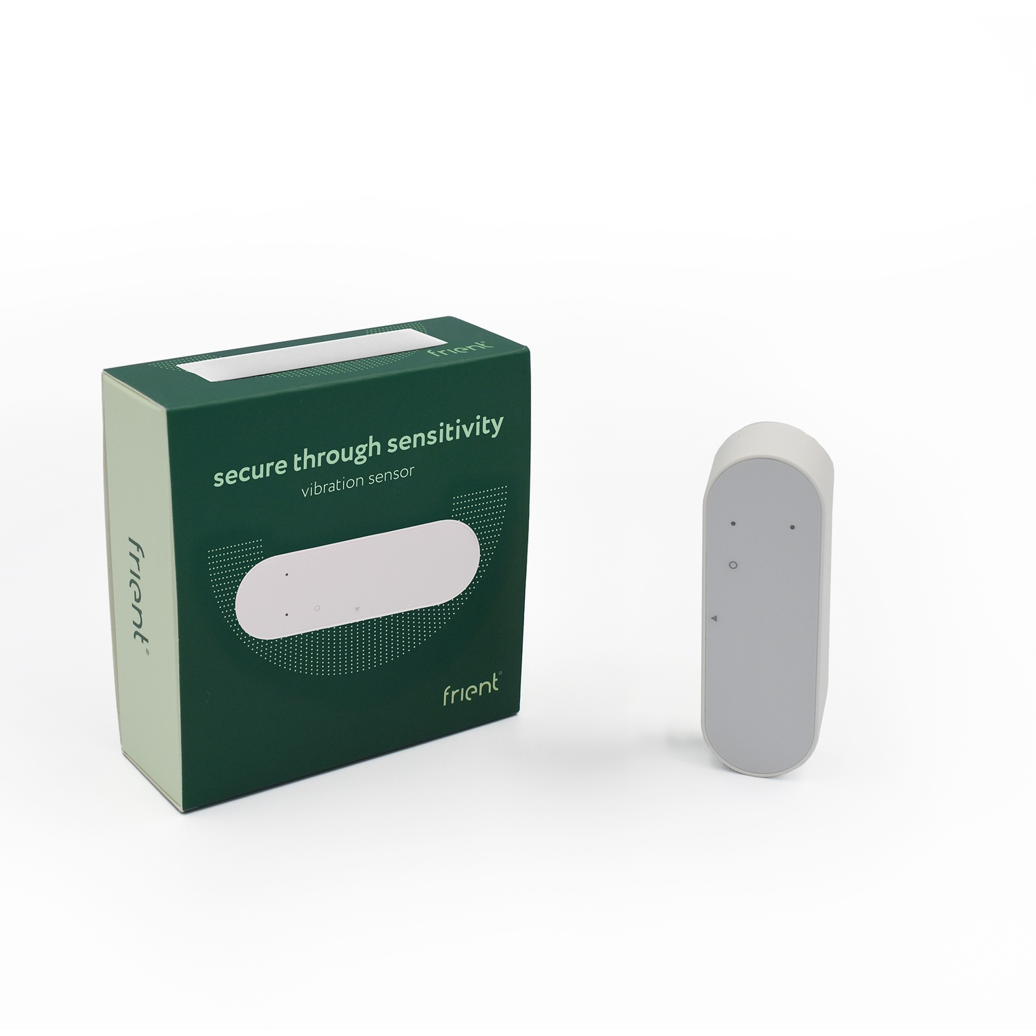 Eine grüne Box mit weißem Text und einem weißen ovalen Sensor auf weißem Hintergrund.