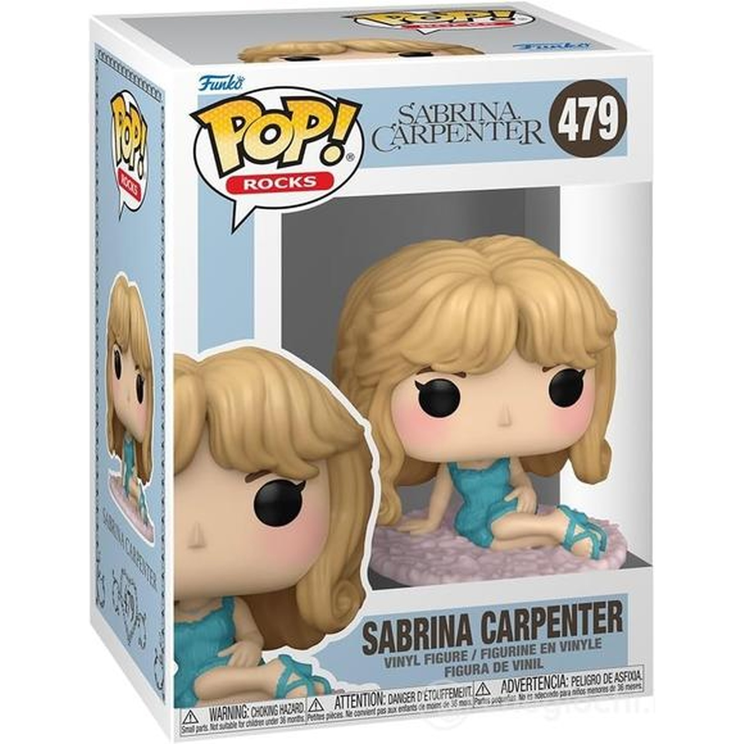 Funko Pop!-figuur van Sabrina Carpenter in blauwe jurk op paarse ondergrond.