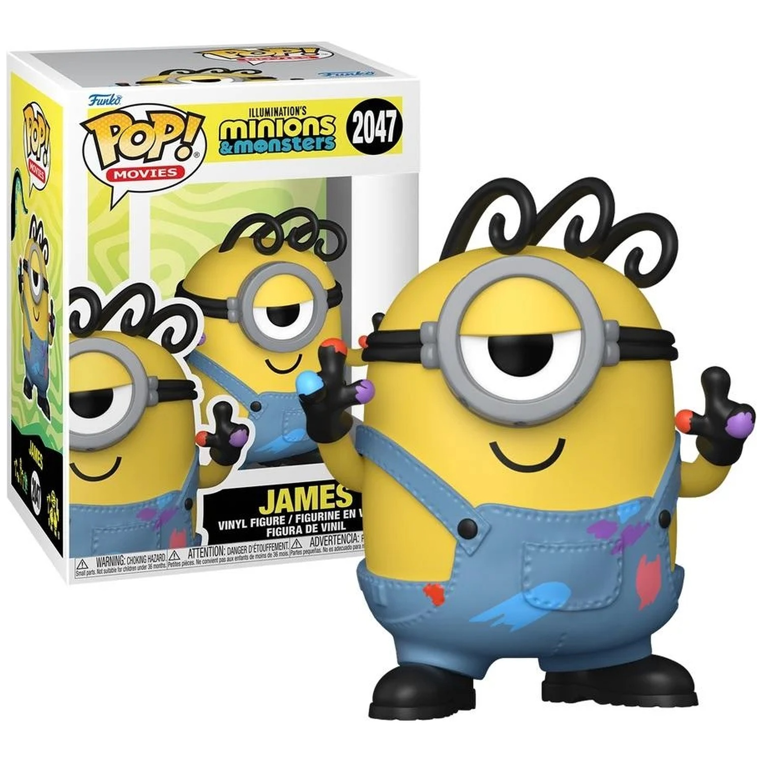 Een gele Minion Funko Pop met een blauwe overall en verfspatten.