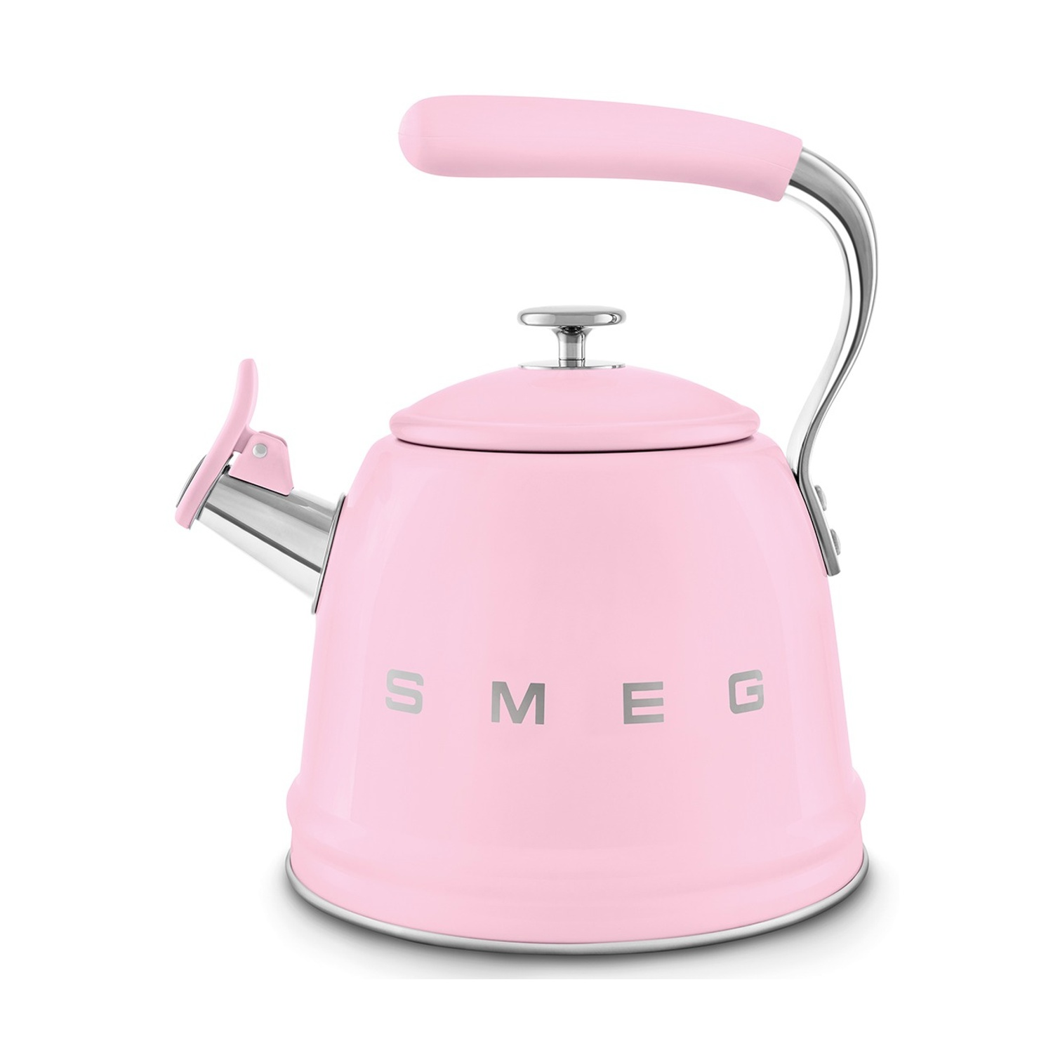 Un bollitore SMEG rosa con manico e beccuccio cromati è mostrato su sfondo bianco.