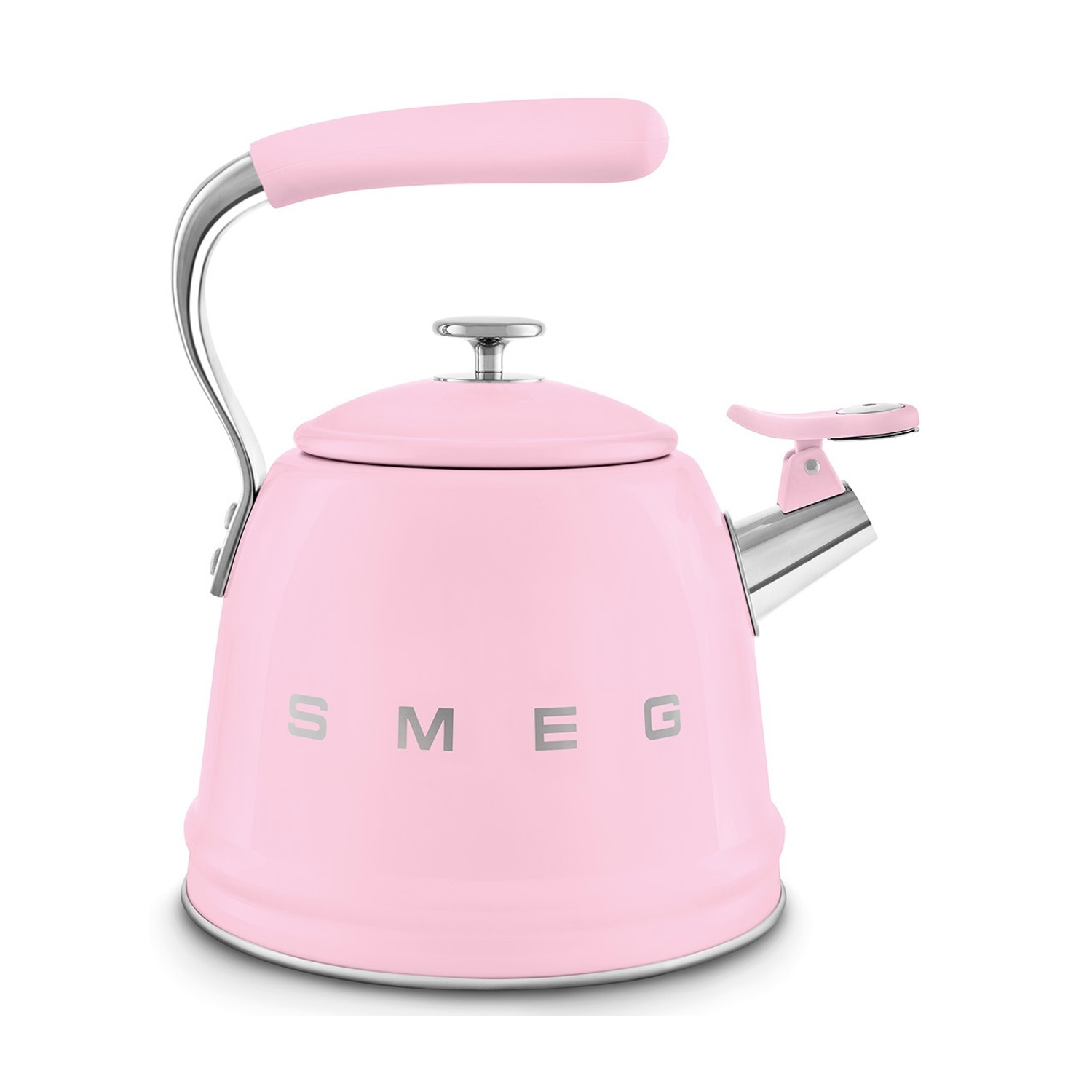 Un bollitore Smeg rosa con accenti argentati e manico.