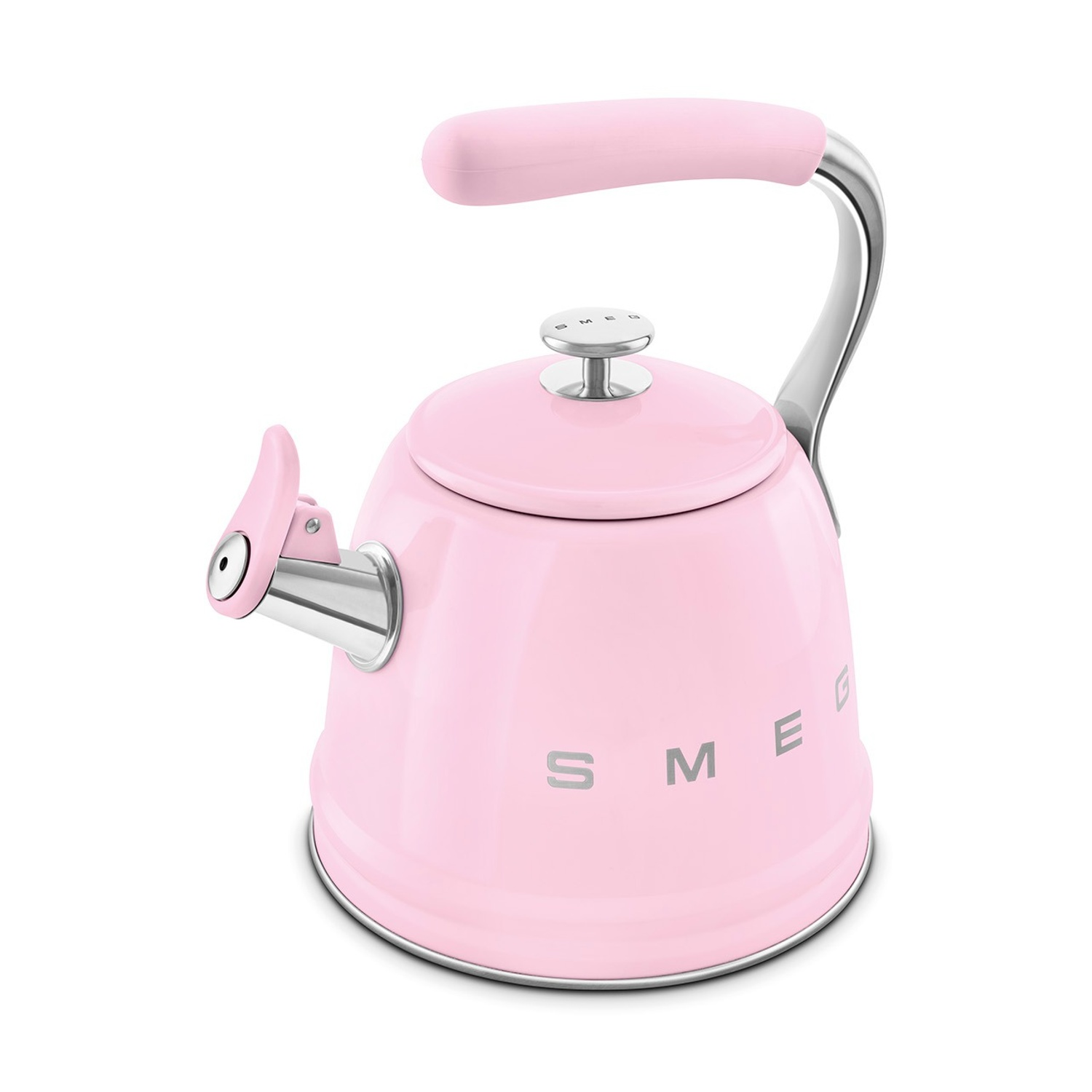 Un bollitore Smeg rosa con manico e coperchio argentati, su sfondo bianco.