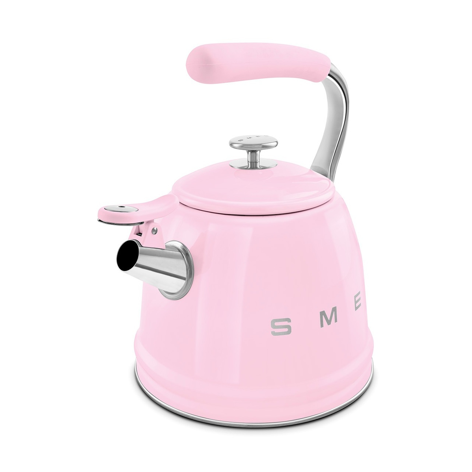 Un bollitore rosa con manico e beccuccio argentati, su sfondo bianco.