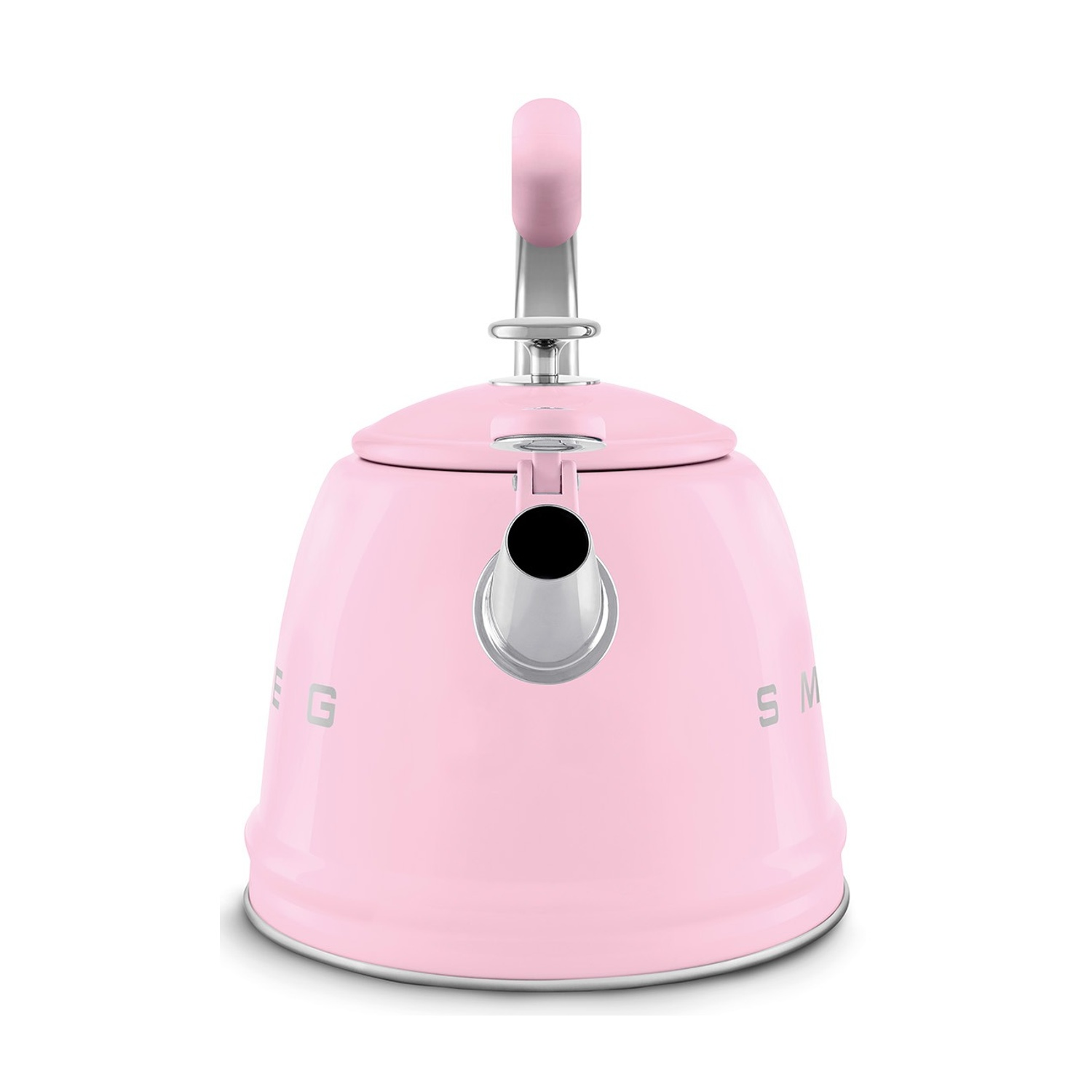 Un bollitore Smeg rosa con accenti e manico argentati.