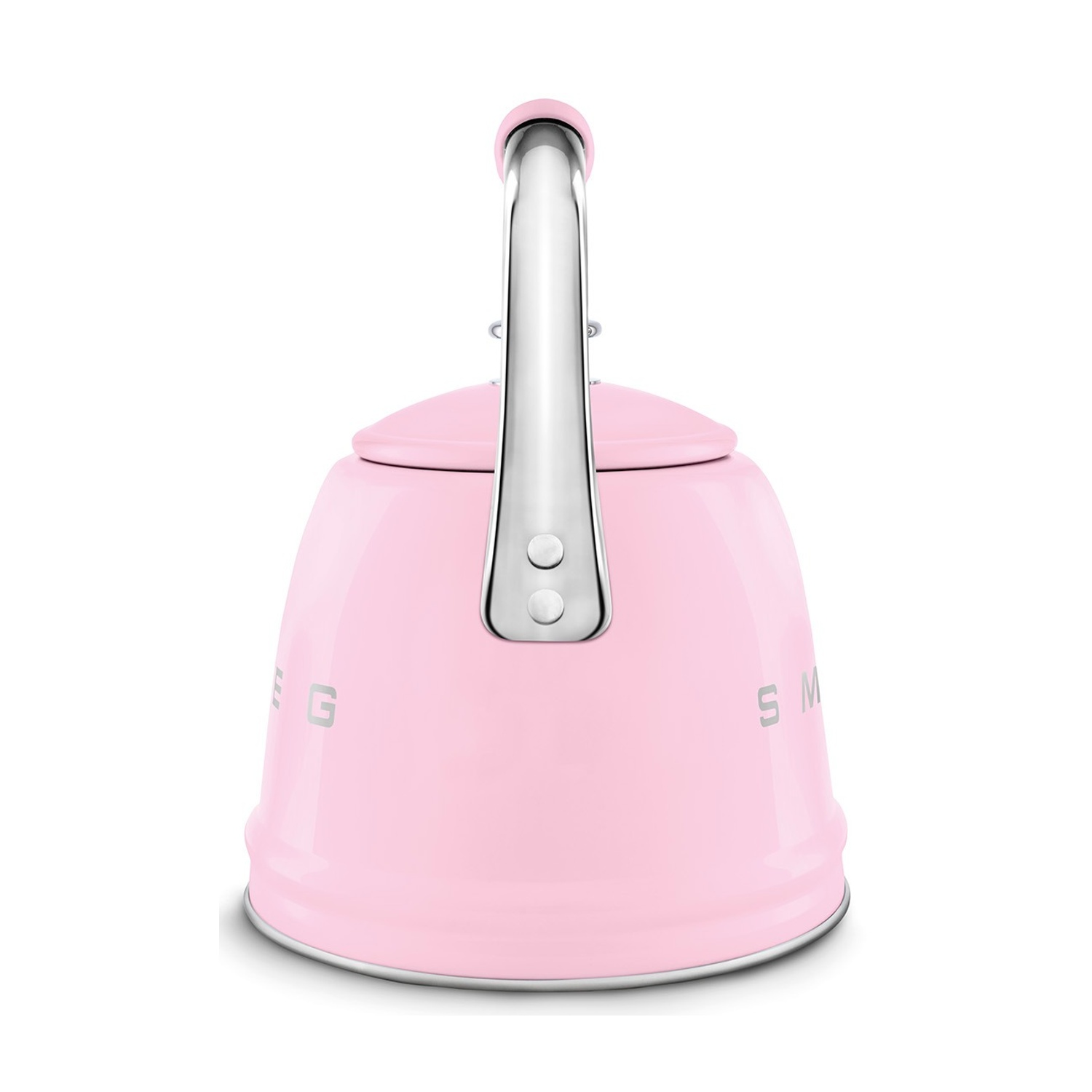 Un bollitore rosa pastello con manico e base argentati.