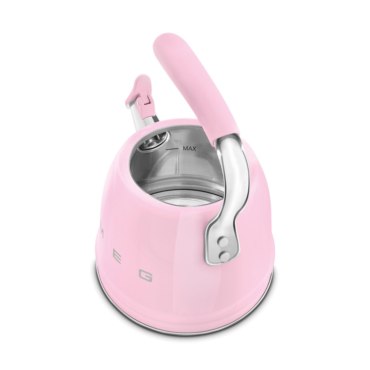 Un bollitore SMEG rosa lucido con manico e beccuccio argentati, su sfondo bianco.