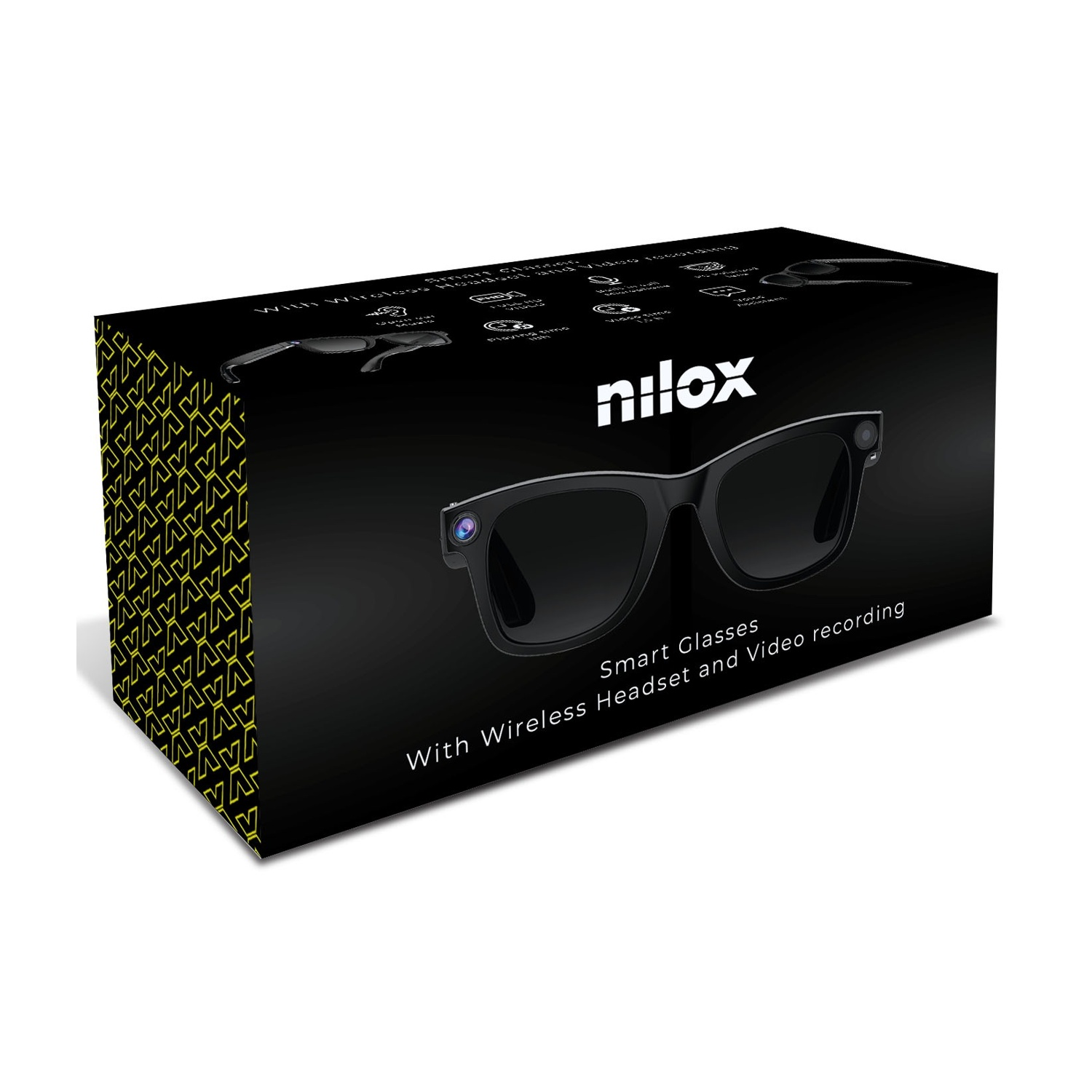 Confezione occhiali smart Nilox con fotocamera, auricolare e registrazione video.