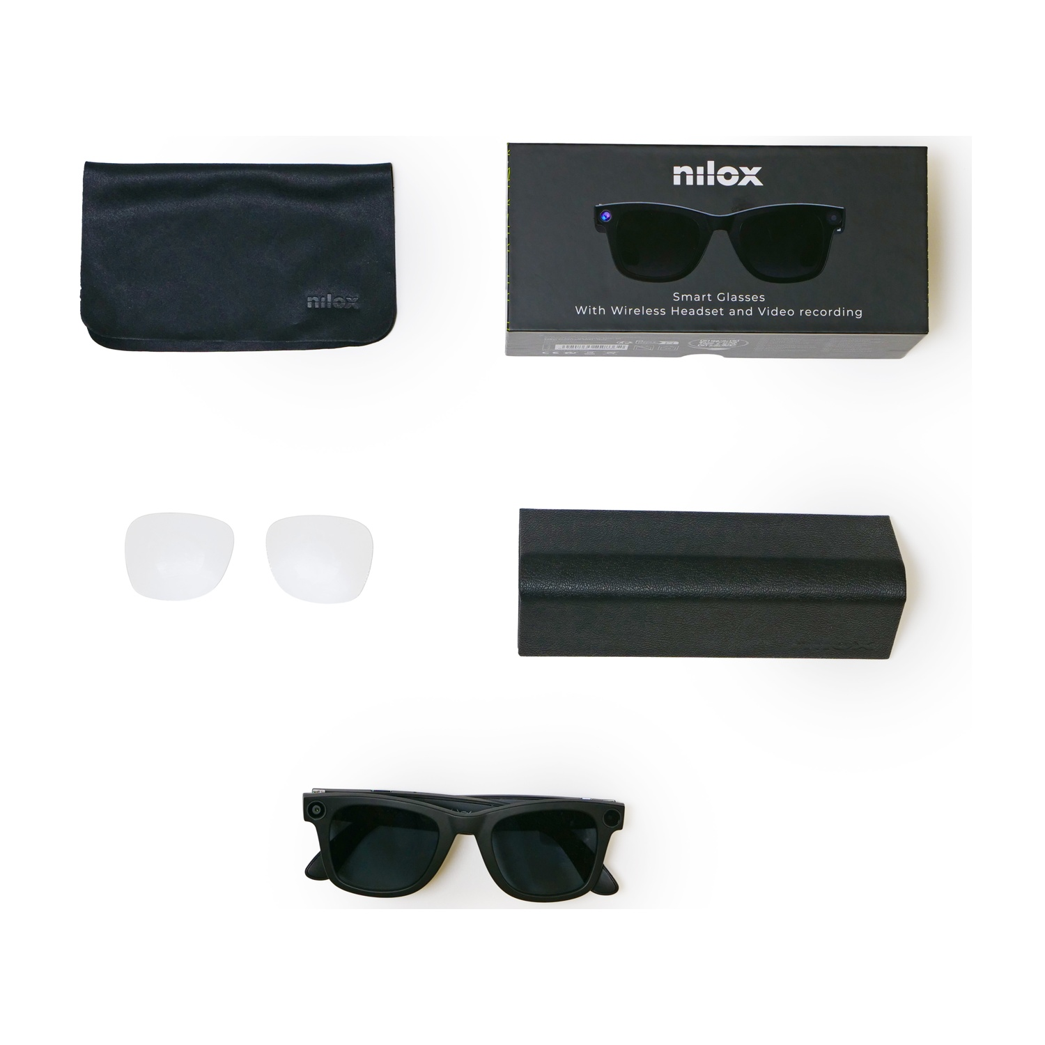 Occhiali smart Nilox con accessori: custodia, lenti di ricambio, astuccio e scatola.