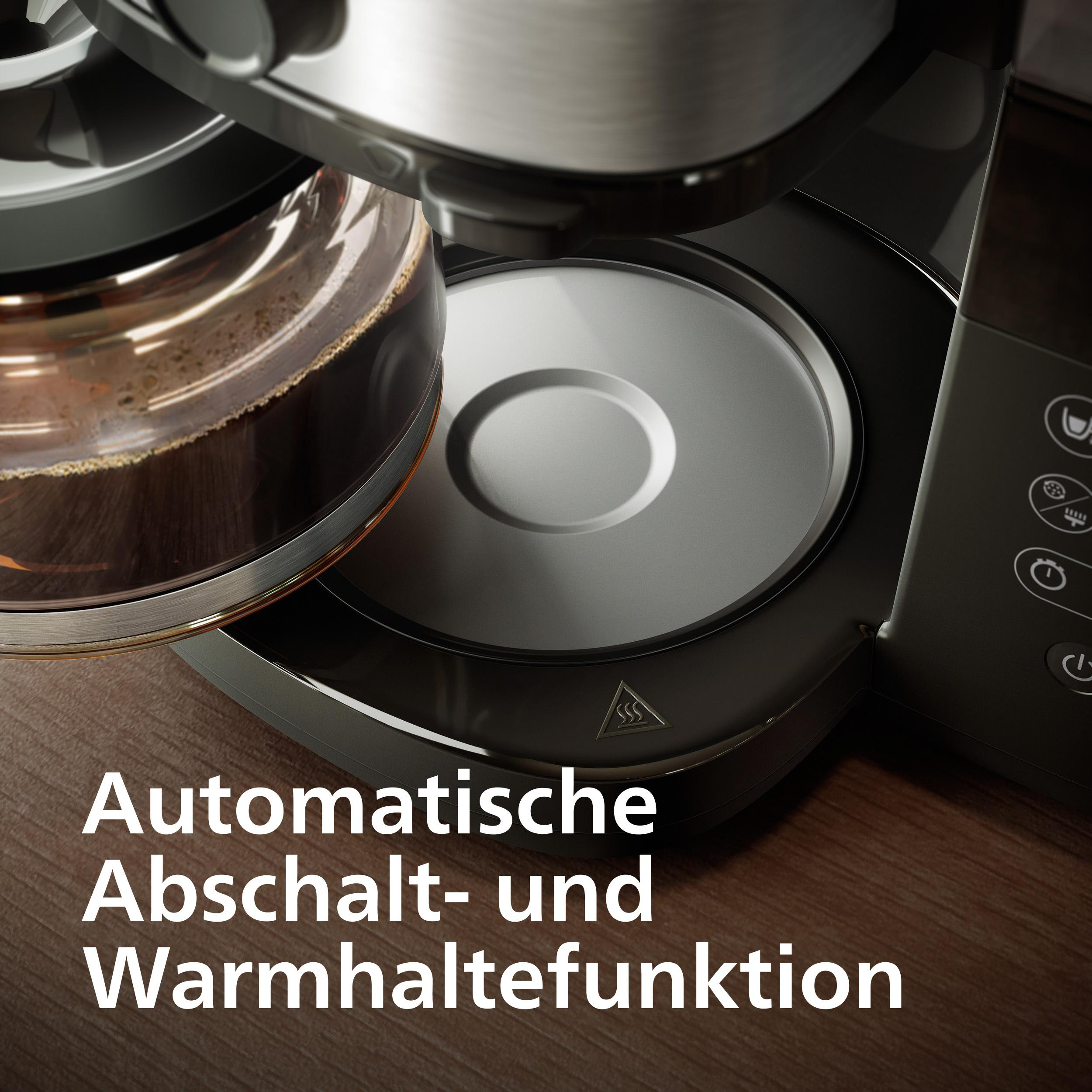 Kaffeemaschine mit Glaskanne, warmhalteplatte und bedienfeld.