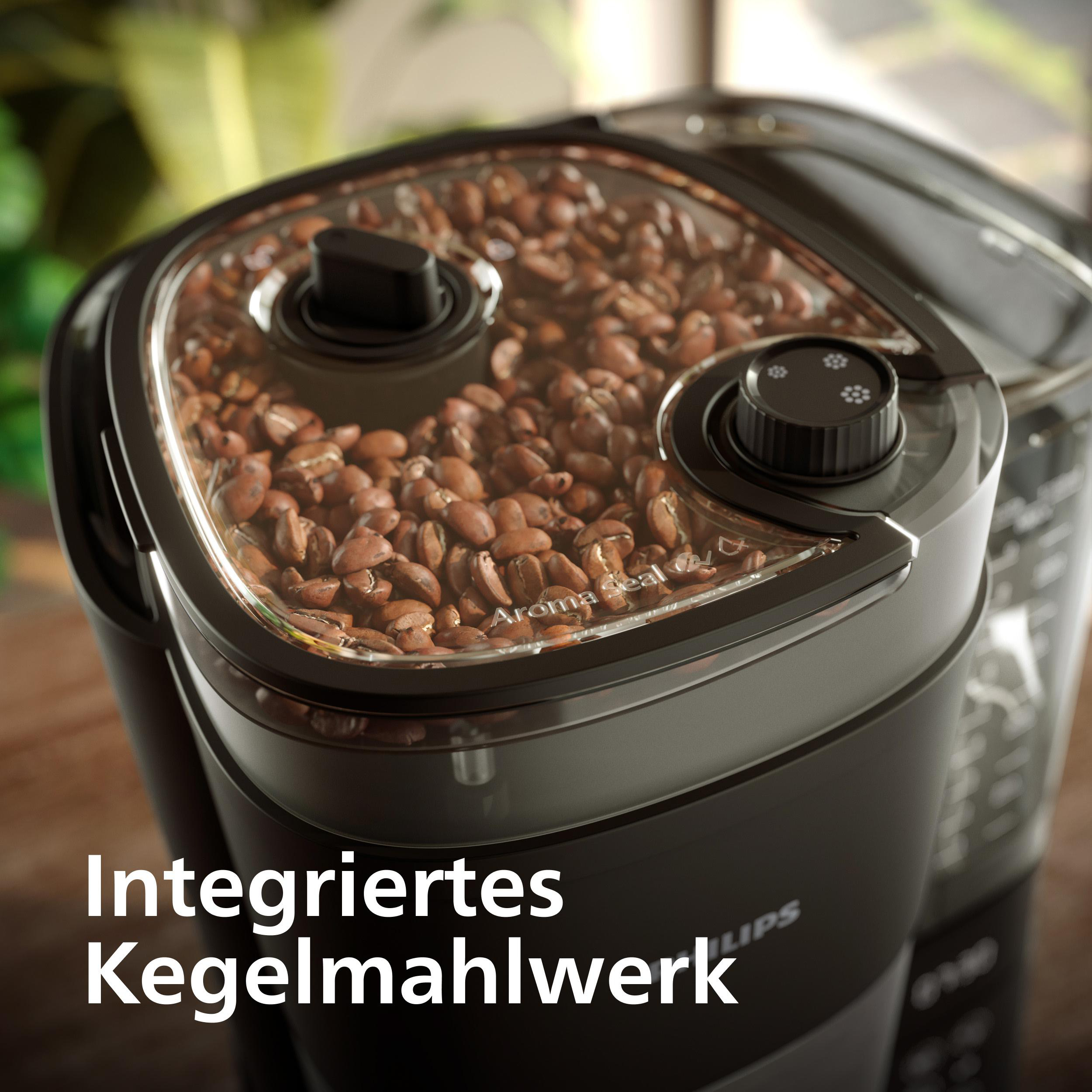Kaffeemühle mit integriertem Kegelmahlwerk und Kaffeebohnen.
