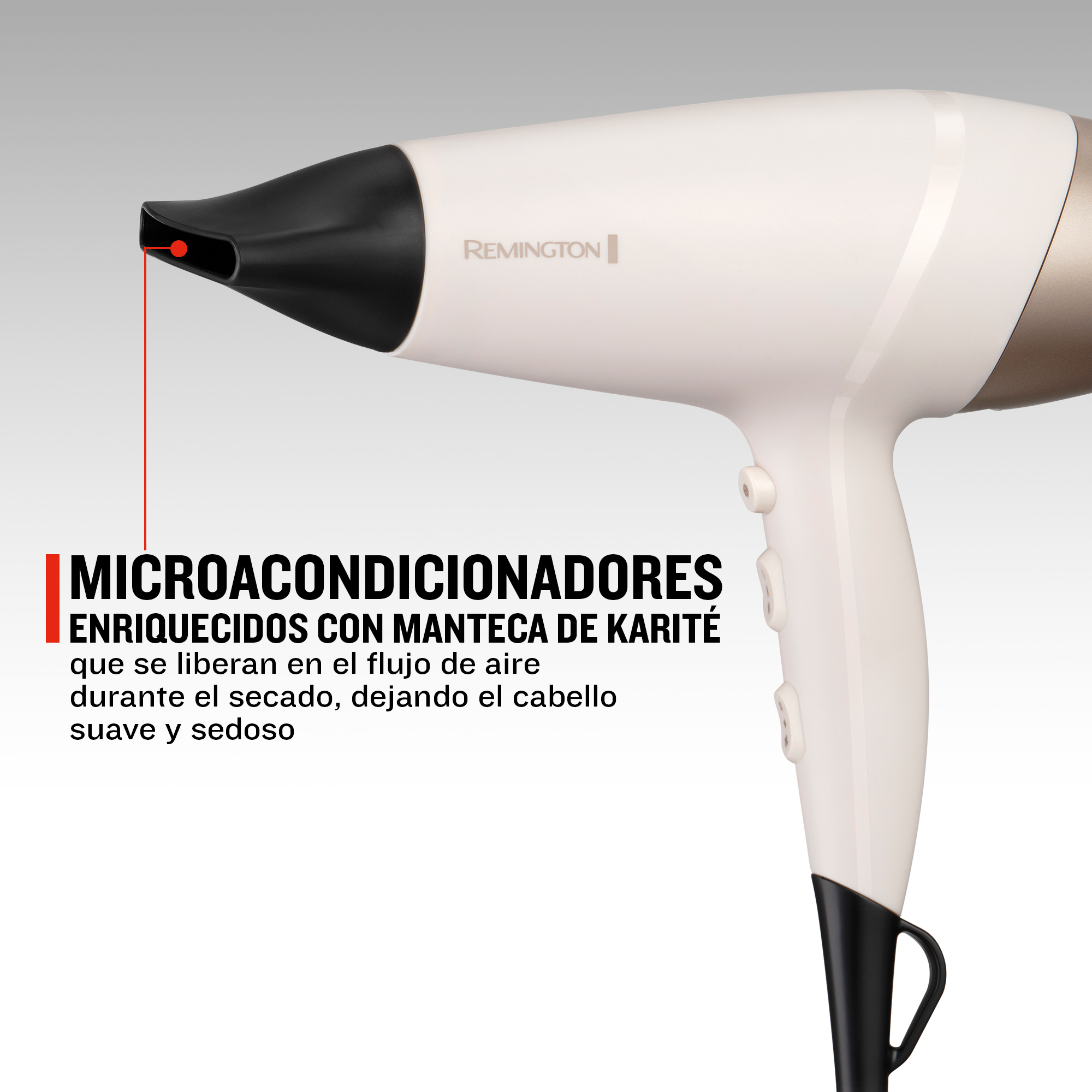 Un secador de pelo Remington blanco con boquilla negra y acento dorado.
