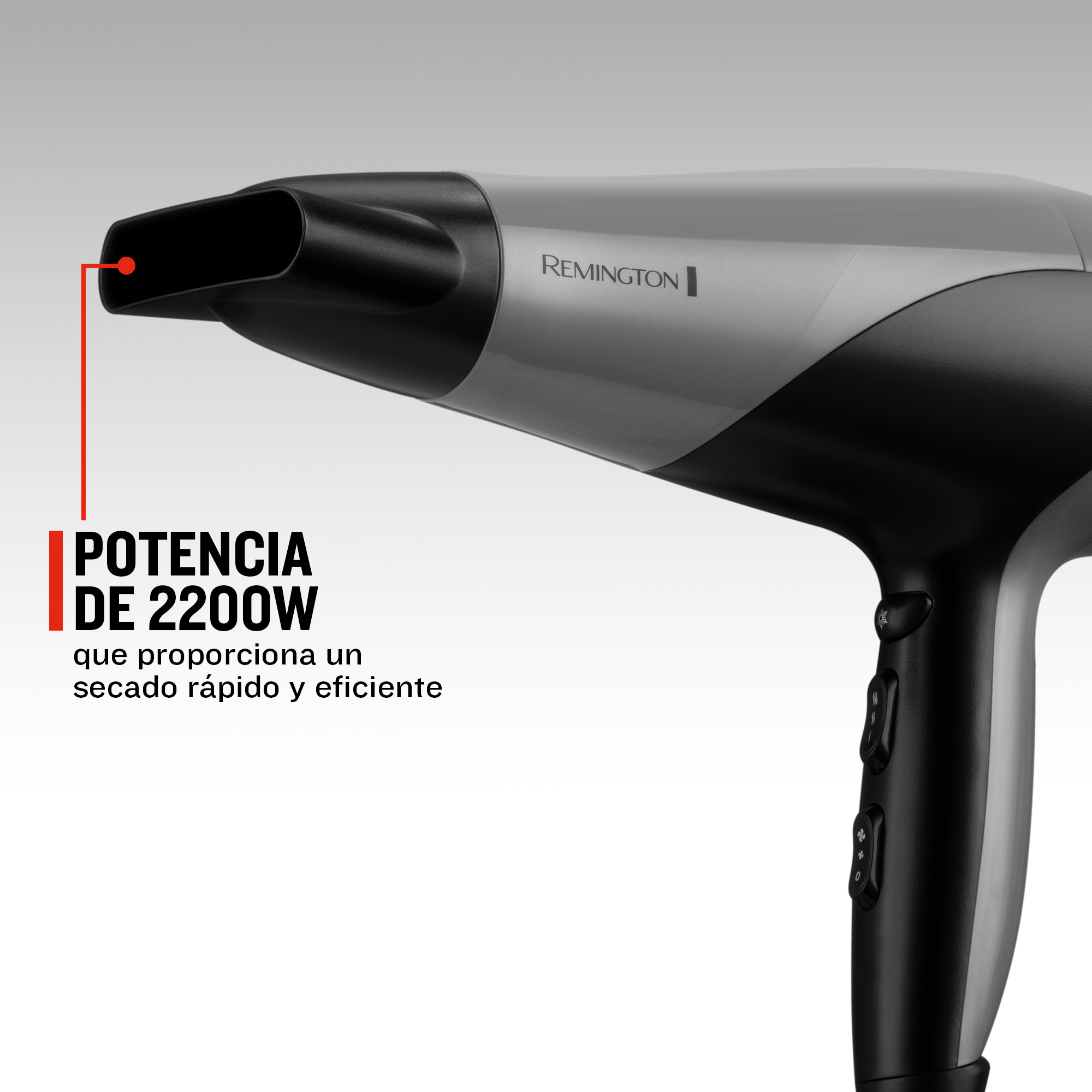 Un secador de pelo Remington negro y plateado con superposición de texto.