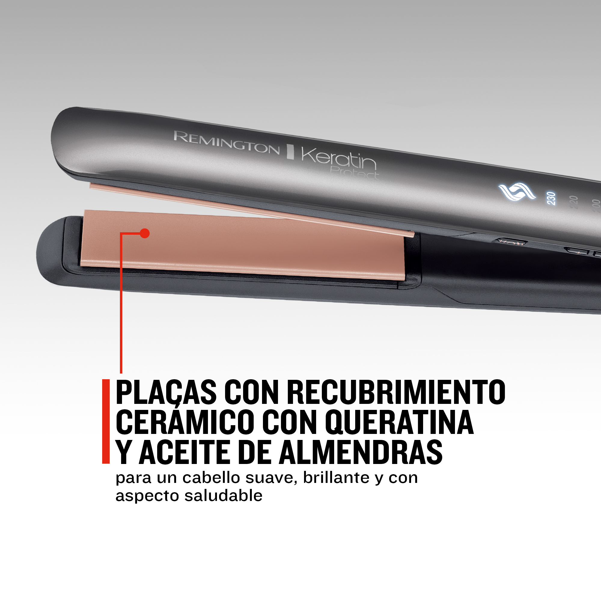 Una plancha de pelo abierta con protección de queratina y placas de cerámica/almendras.