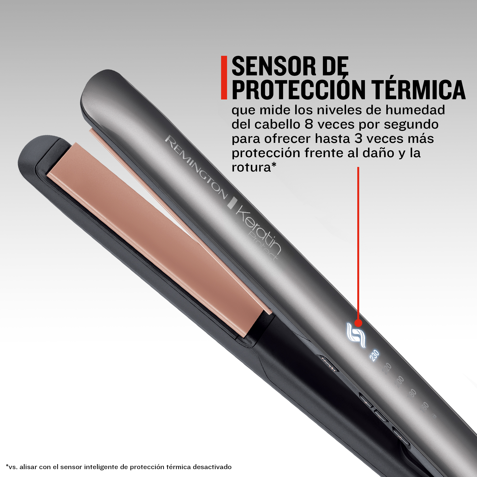 Una plancha de pelo Remington gris con logo Keratin Protect y pantalla de temperatura.