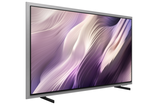 Gümüş çerçeveli, ekranda soyut mor desenli modern bir televizyon.