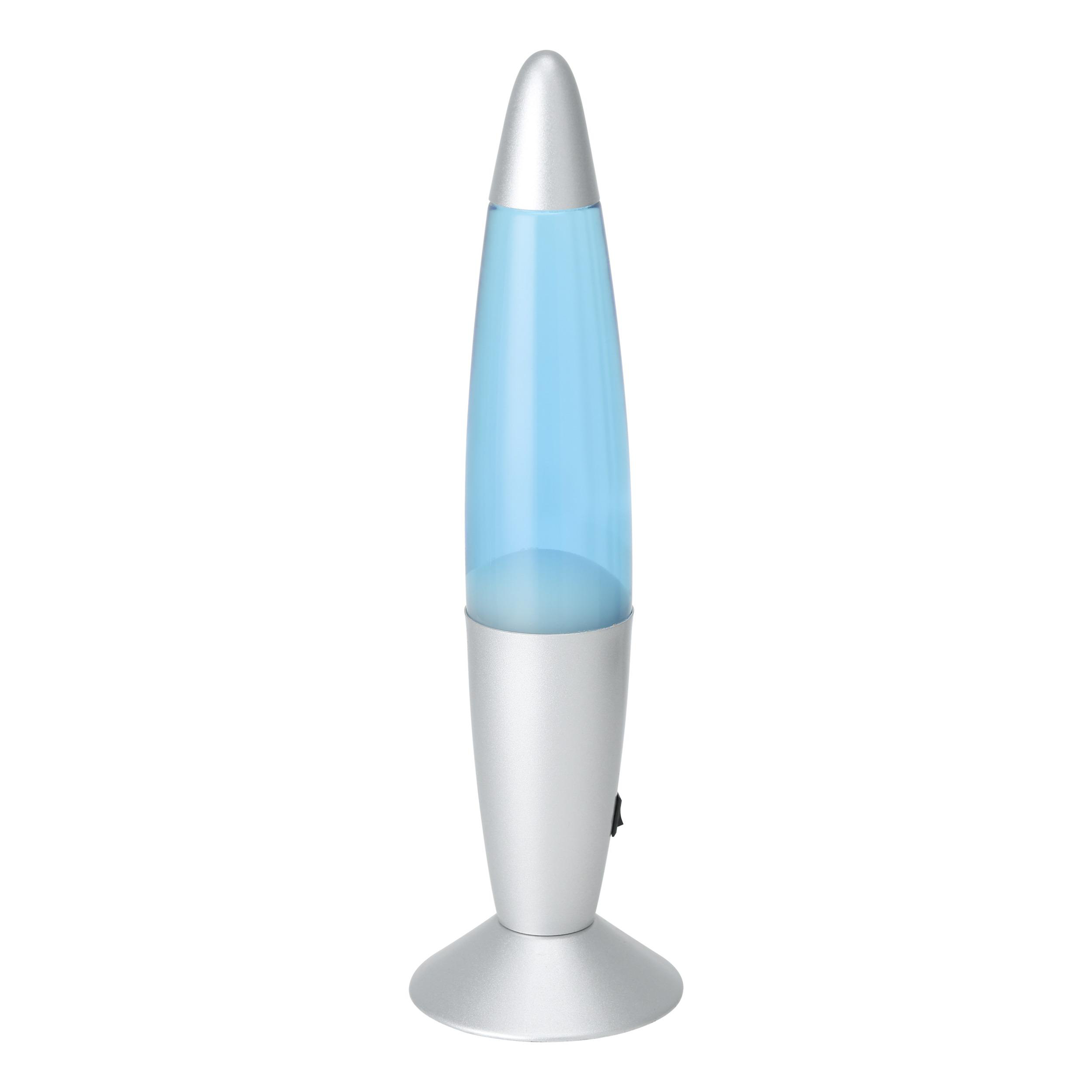 Silberne Lavalampe mit blauem Flüssigkeitsbehälter und Schalter.