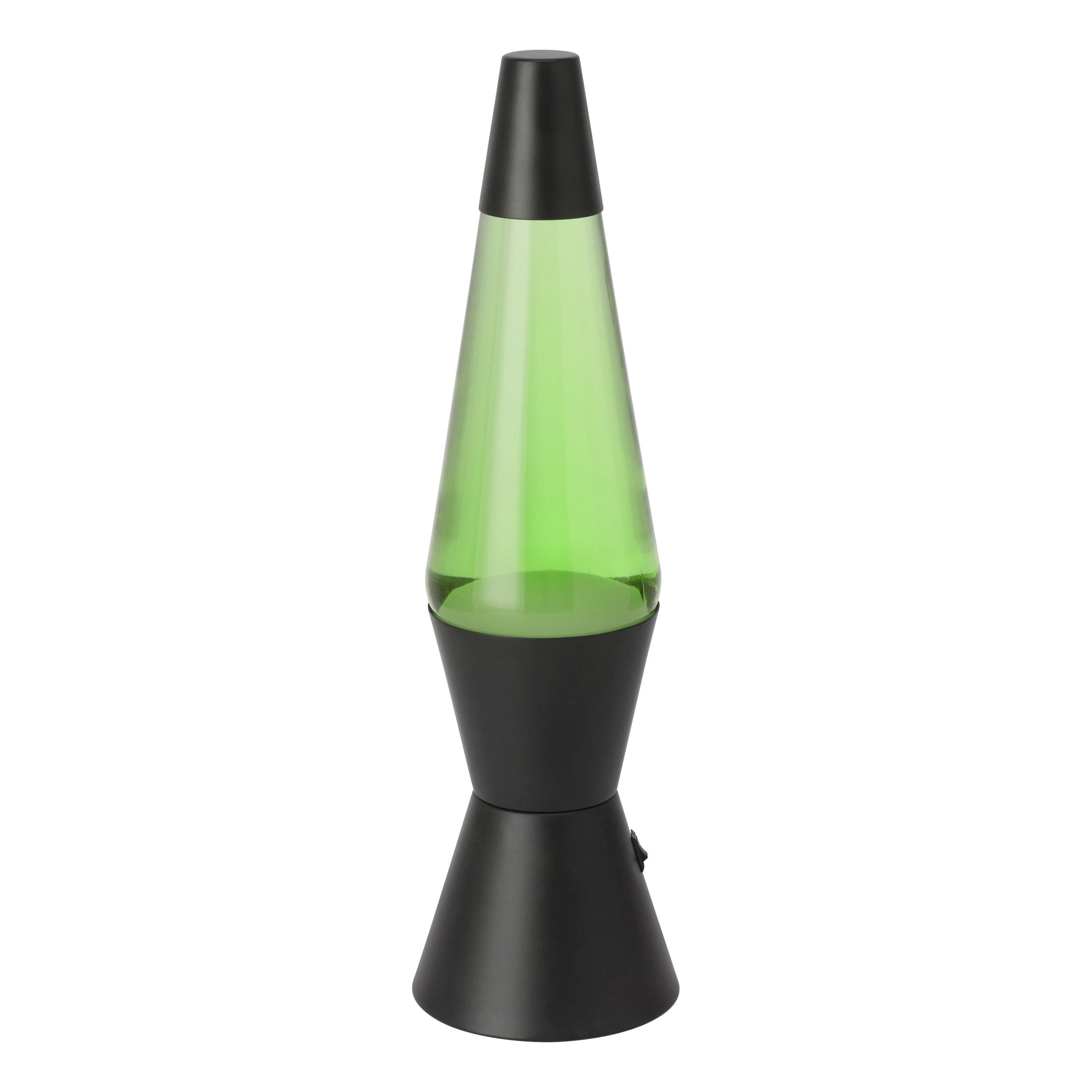 Eine schwarze Lava-Lampe mit einem konischen schwarzen oberen Teil und einem grünen Glaszylinder.