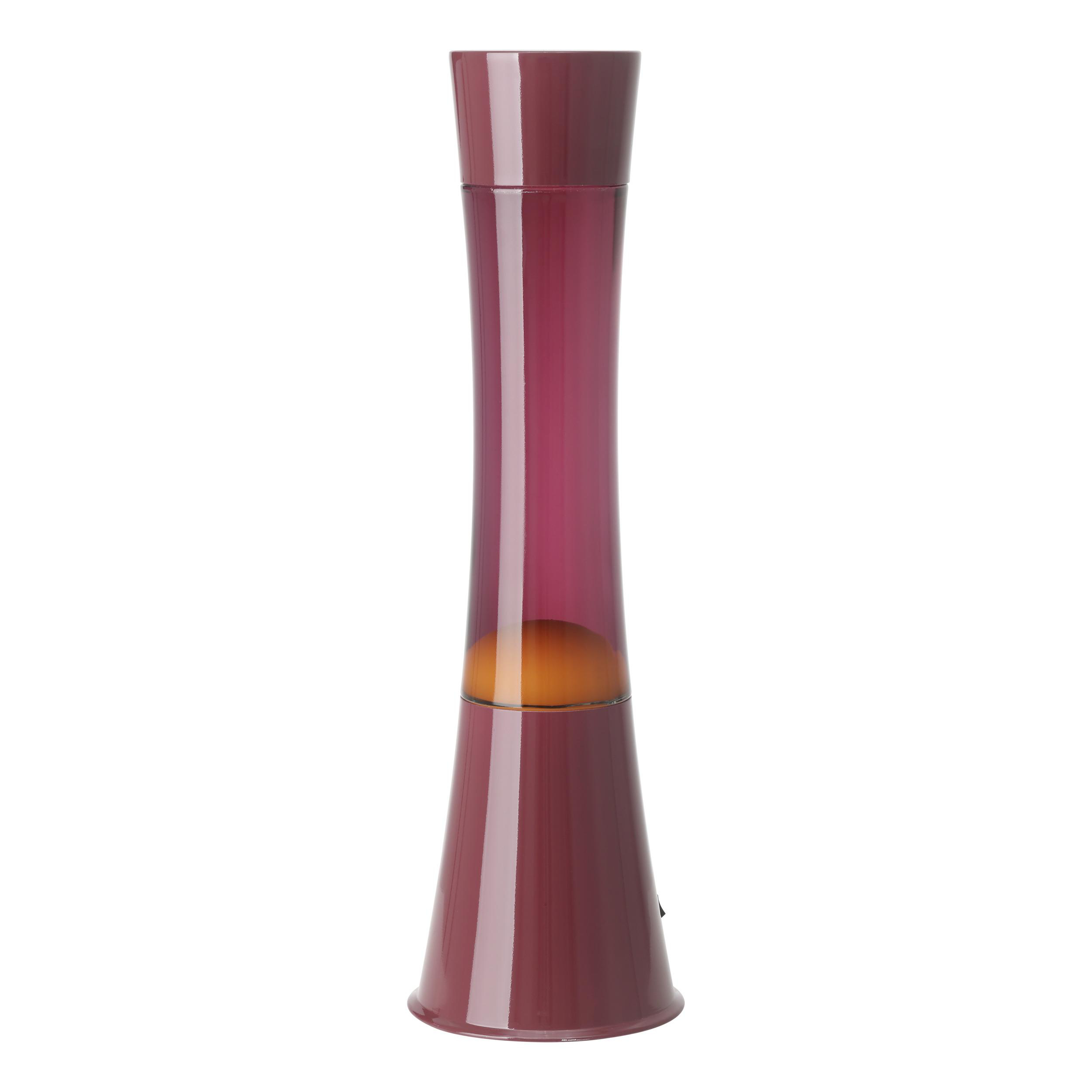 Eine burgunderrote Lava-Lampe mit einer orangefarbenen Kugel im Inneren.