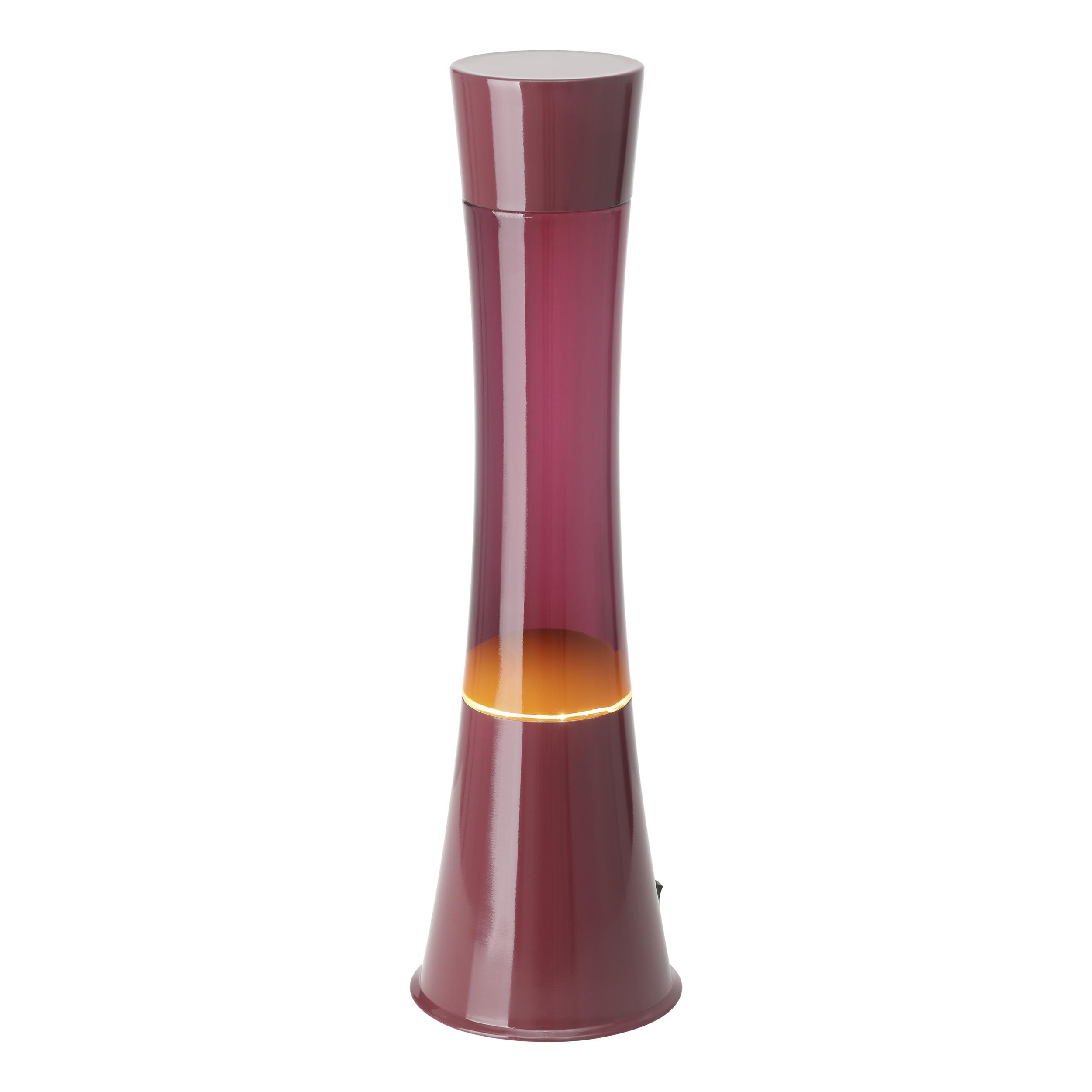 Eine burgunderrote Lampe mit bauchiger Mitte und Leuchte.