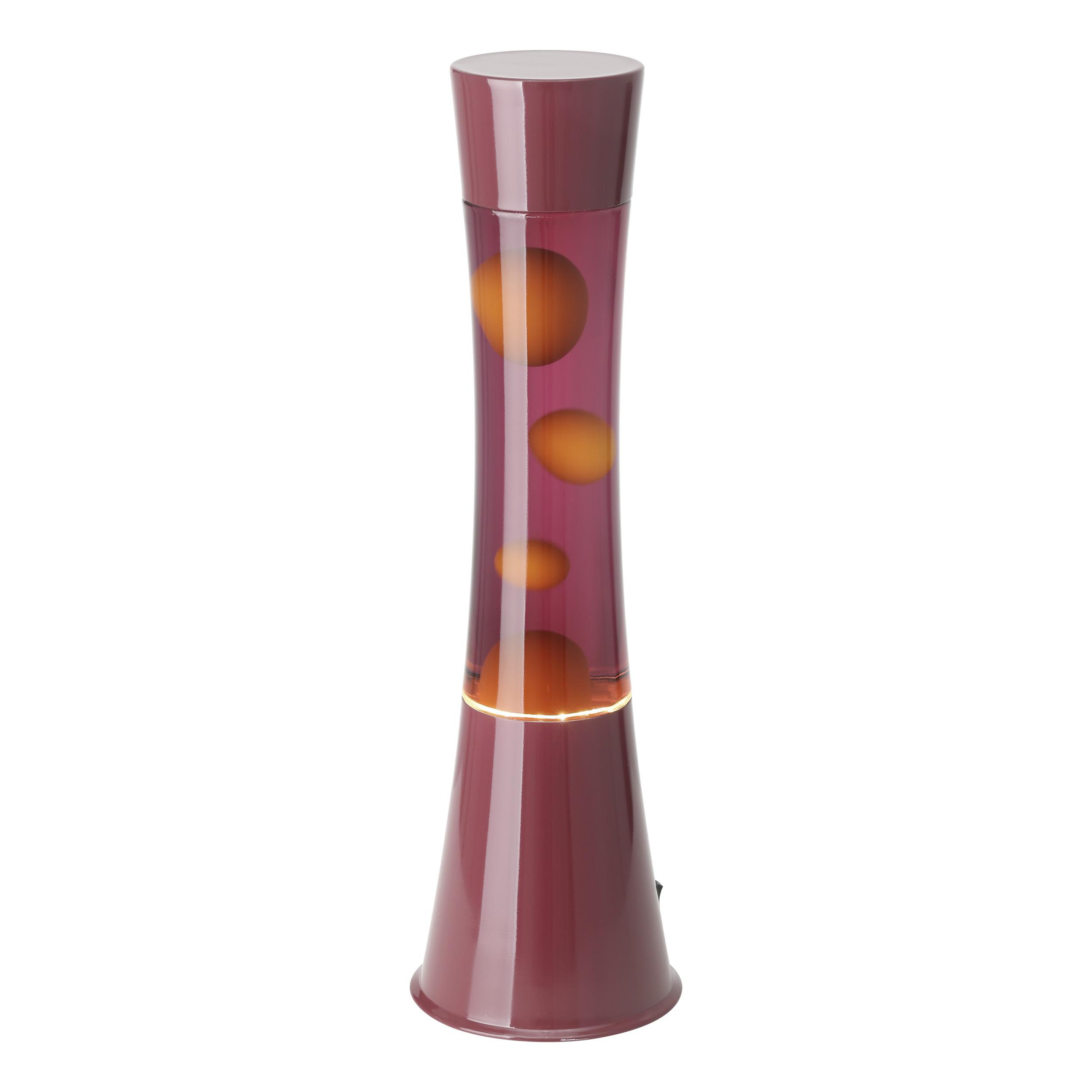 Eine lila Lava-Lampe mit orangefarbenen Kugeln.