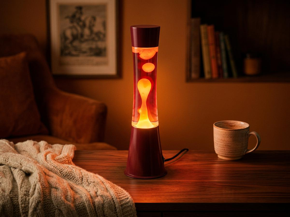 Eine weinrote Lavalampe mit orangefarbener Flüssigkeit steht auf einem Holztisch.