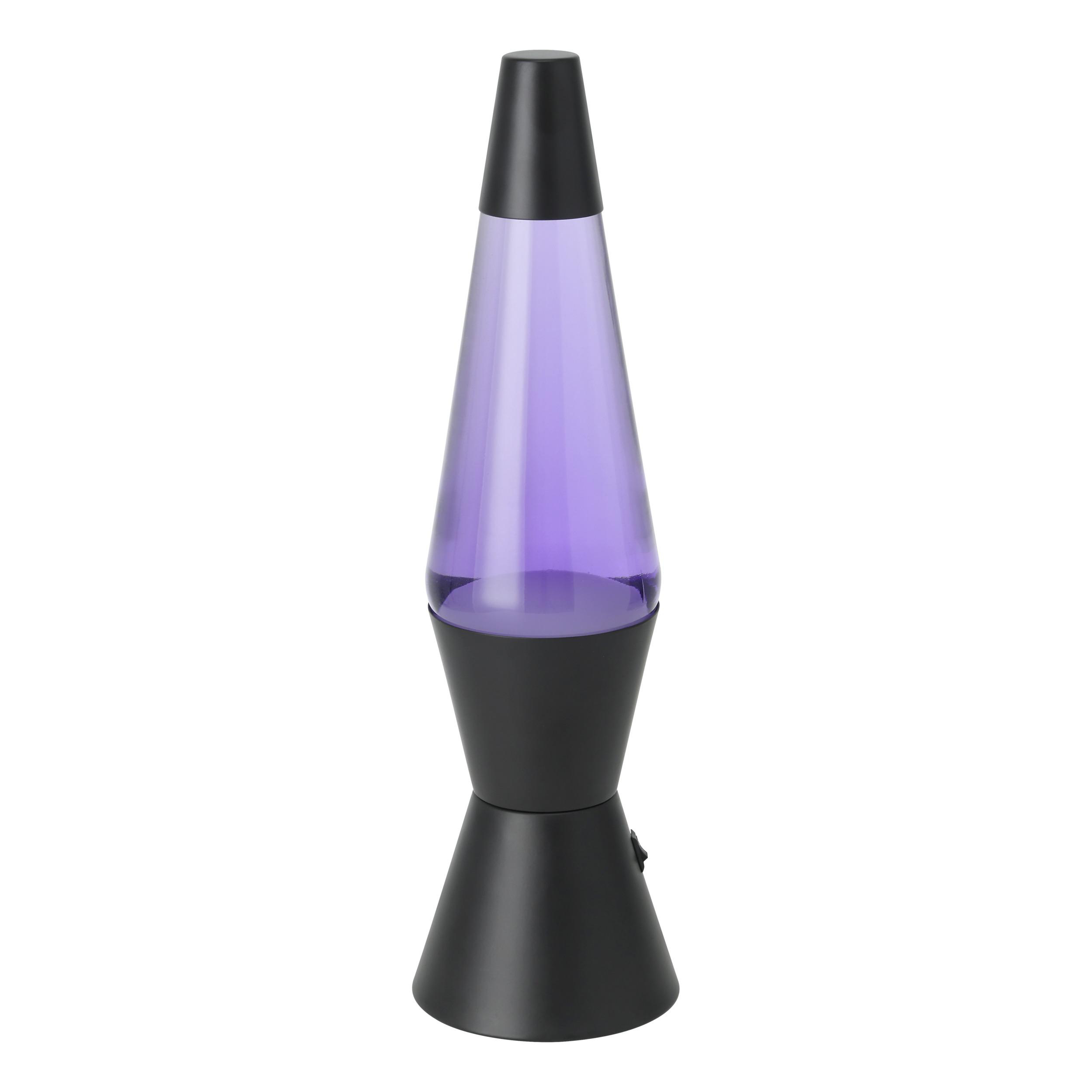 Eine schwarze Lavalampe mit lila Flüssigkeit und einem schwarzen Kegel oben.