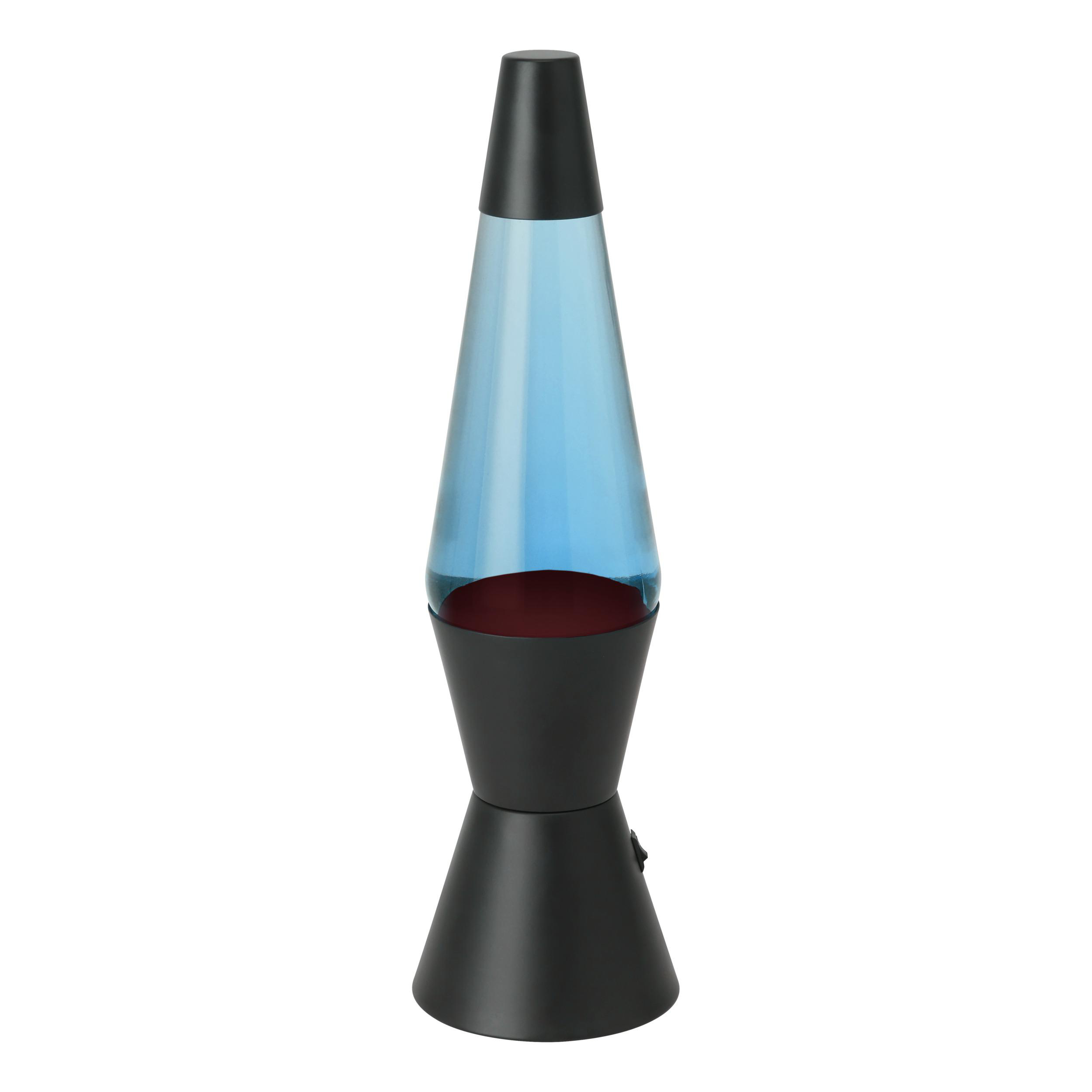 Eine schwarze Lava-Lampe mit blauem Inhalt und rotem Boden auf weißem Hintergrund.
