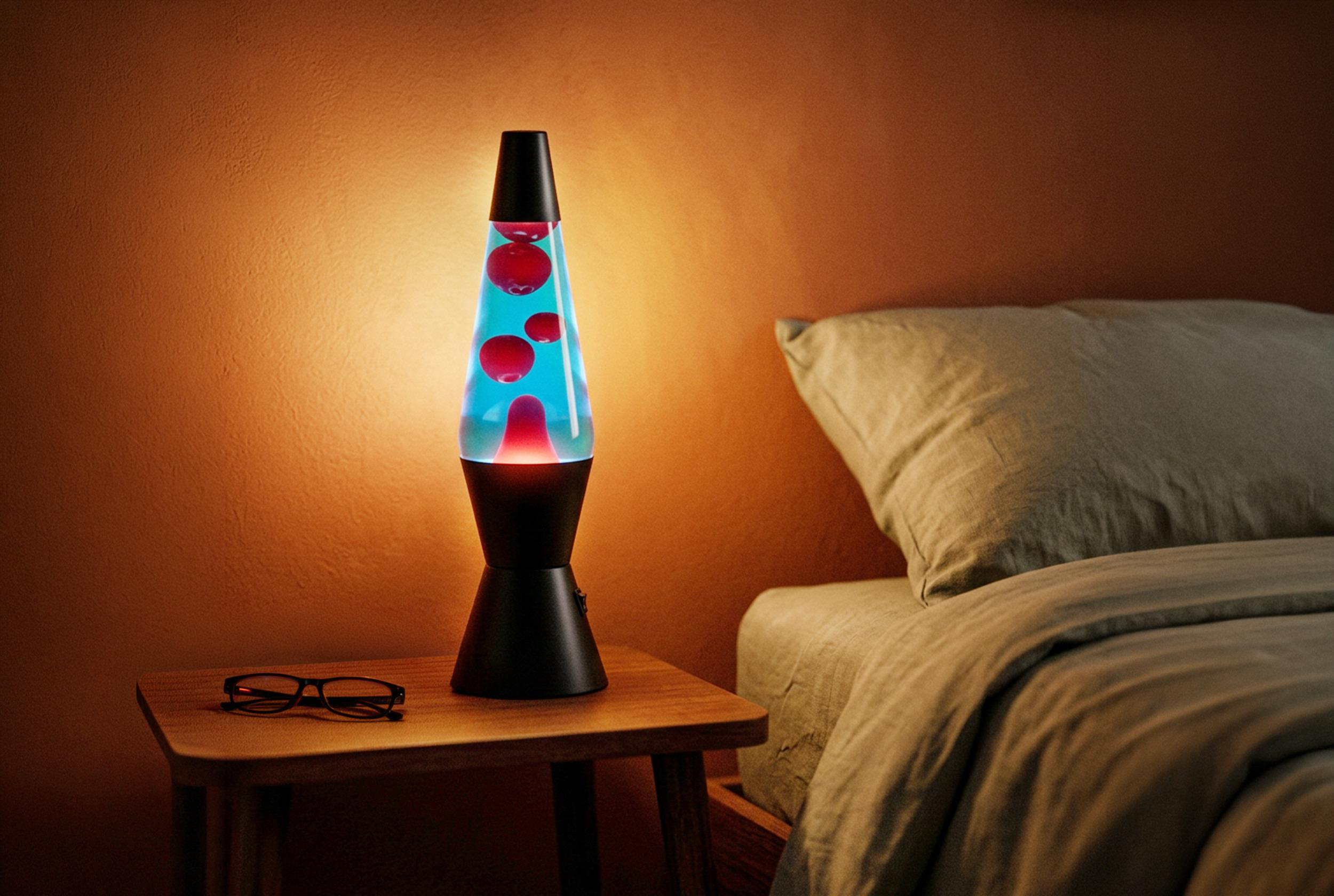 Eine Lavalampe mit roten Kugeln auf blauem Hintergrund steht neben einem Bett.