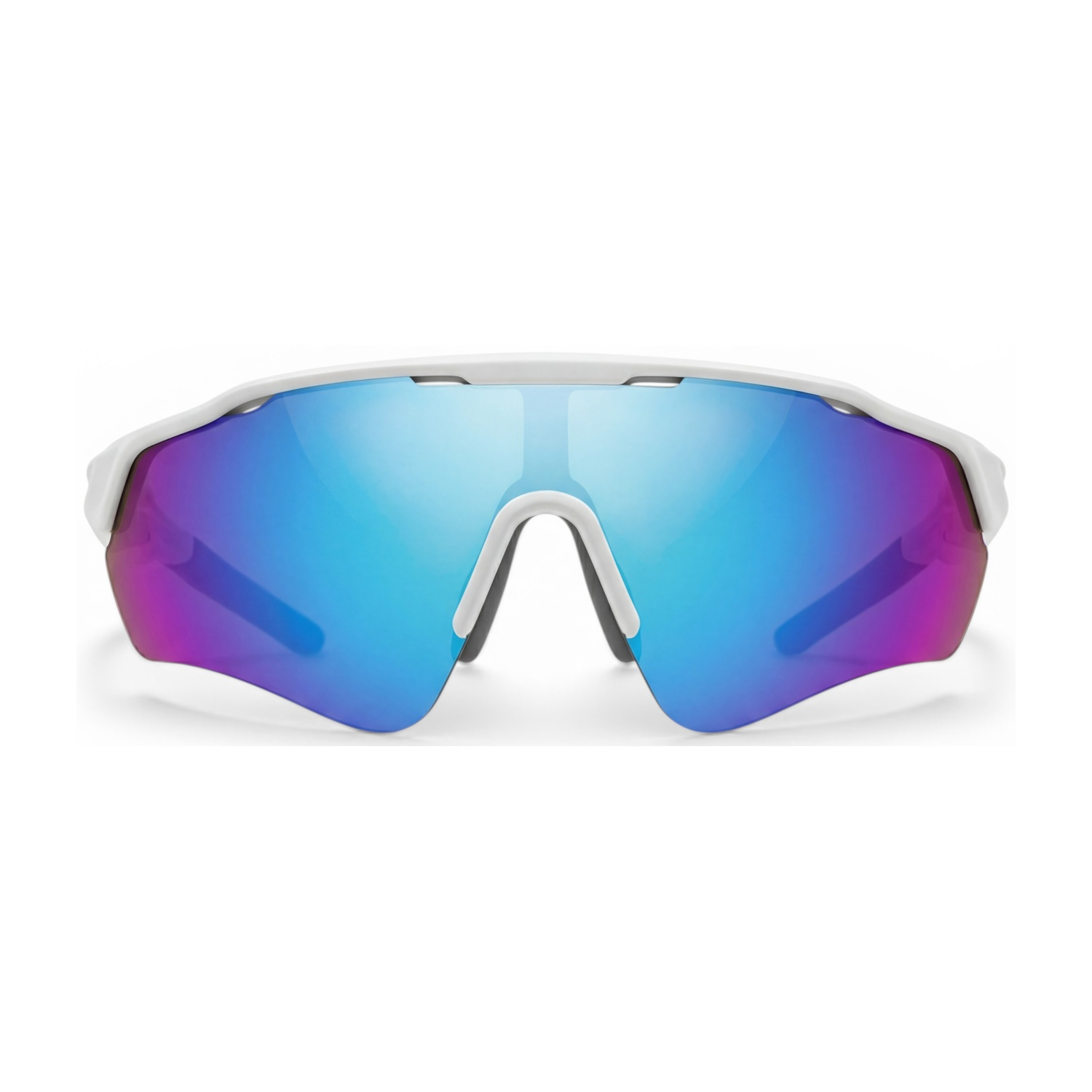 Occhiali da sole sportivi bianchi con lenti a specchio blu e viola.
